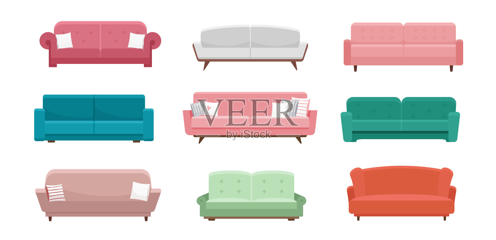 沙发矢量插图设置，卡通平面设计的家具沙发座椅，现代舒适的扶手椅在不同的颜色，家具客厅内部隔离在白色插画图片素材