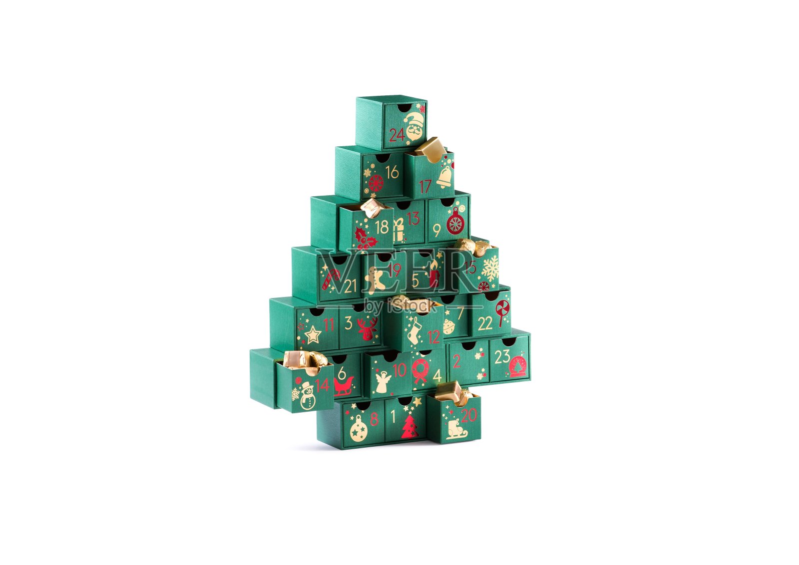 节日日历里面有礼物、惊喜巧克力、圣诞历孤立的圣诞树形状的绿色盒子照片摄影图片
