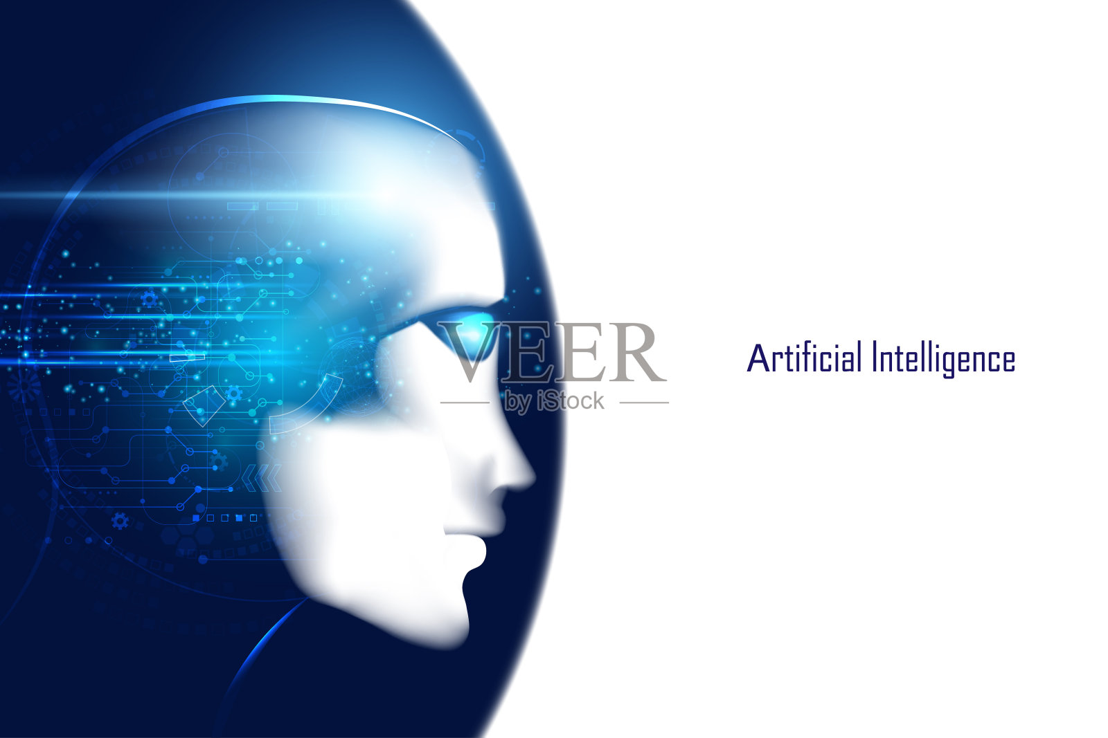 摘要智能人工智能数字未来技术与脑线框蓝色概念ai类人头虚拟神经网络思考、信息、分析、控制论思维、大数据插画图片素材