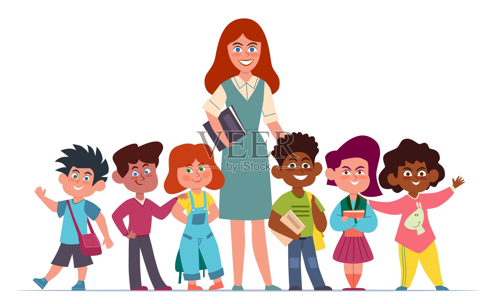 老师和孩子们。快乐多民族女童和男童学龄儿童和妇女教育者卡通矢量教育理念设计元素图片