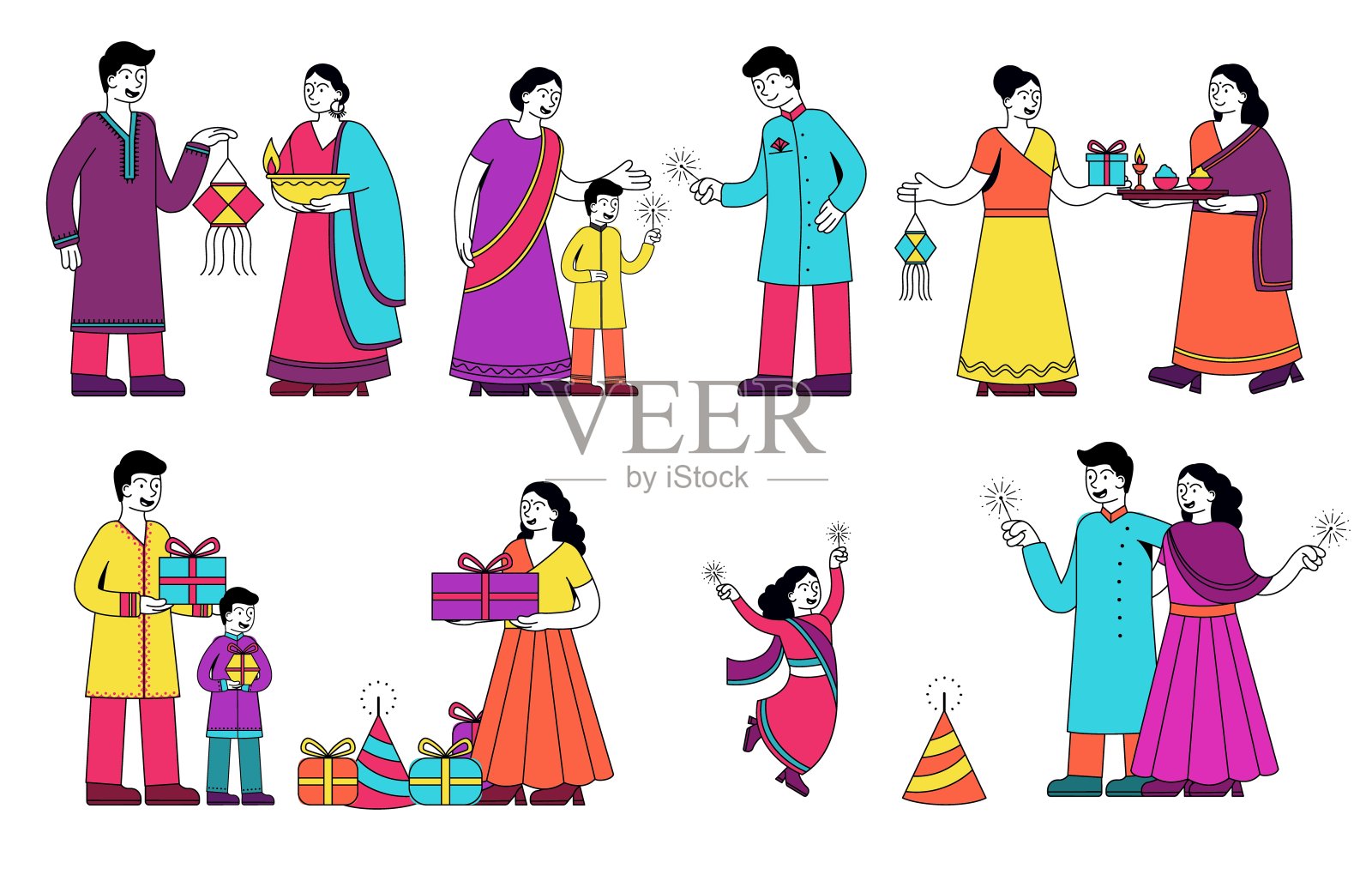 一套丰富多彩的家庭场景从印度插画图片素材