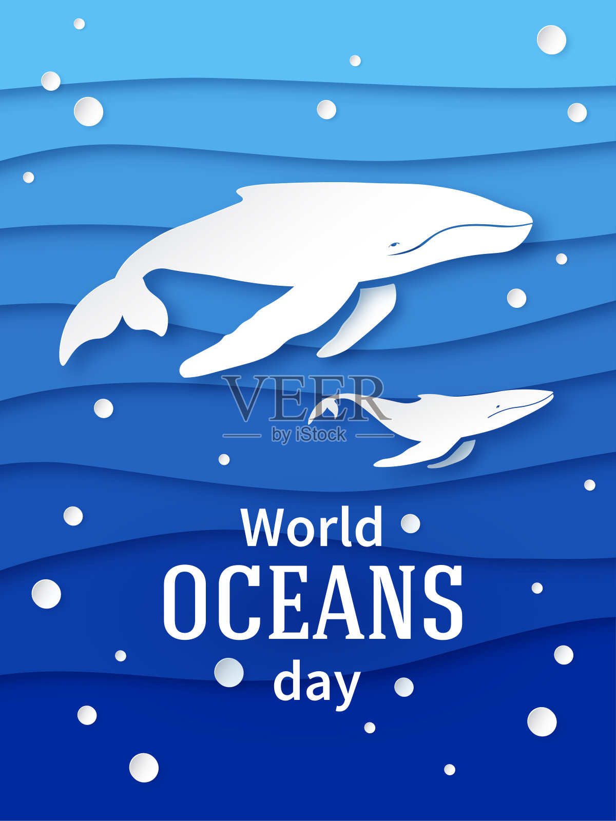 6月8日海洋日。纸张风格的假日海报设计。带幼崽的座头鲸。分层的邀请。向量插画图片素材