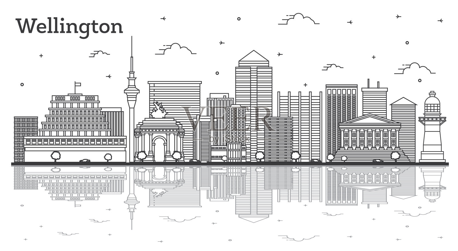 勾勒威灵顿新西兰城市天际线与现代建筑和反射孤立在白色。设计元素图片