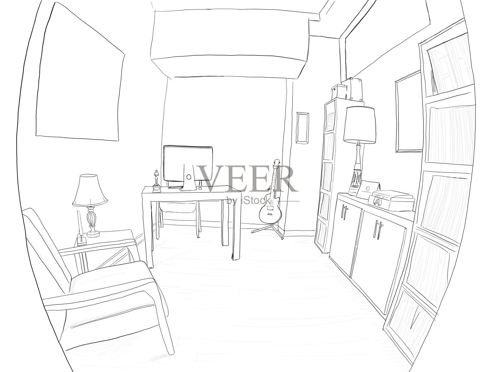 手绘插图。一个漂亮的房间在一个现代的家庭，轻硬木地板和凉爽的家具。黑色和白色。插画图片素材