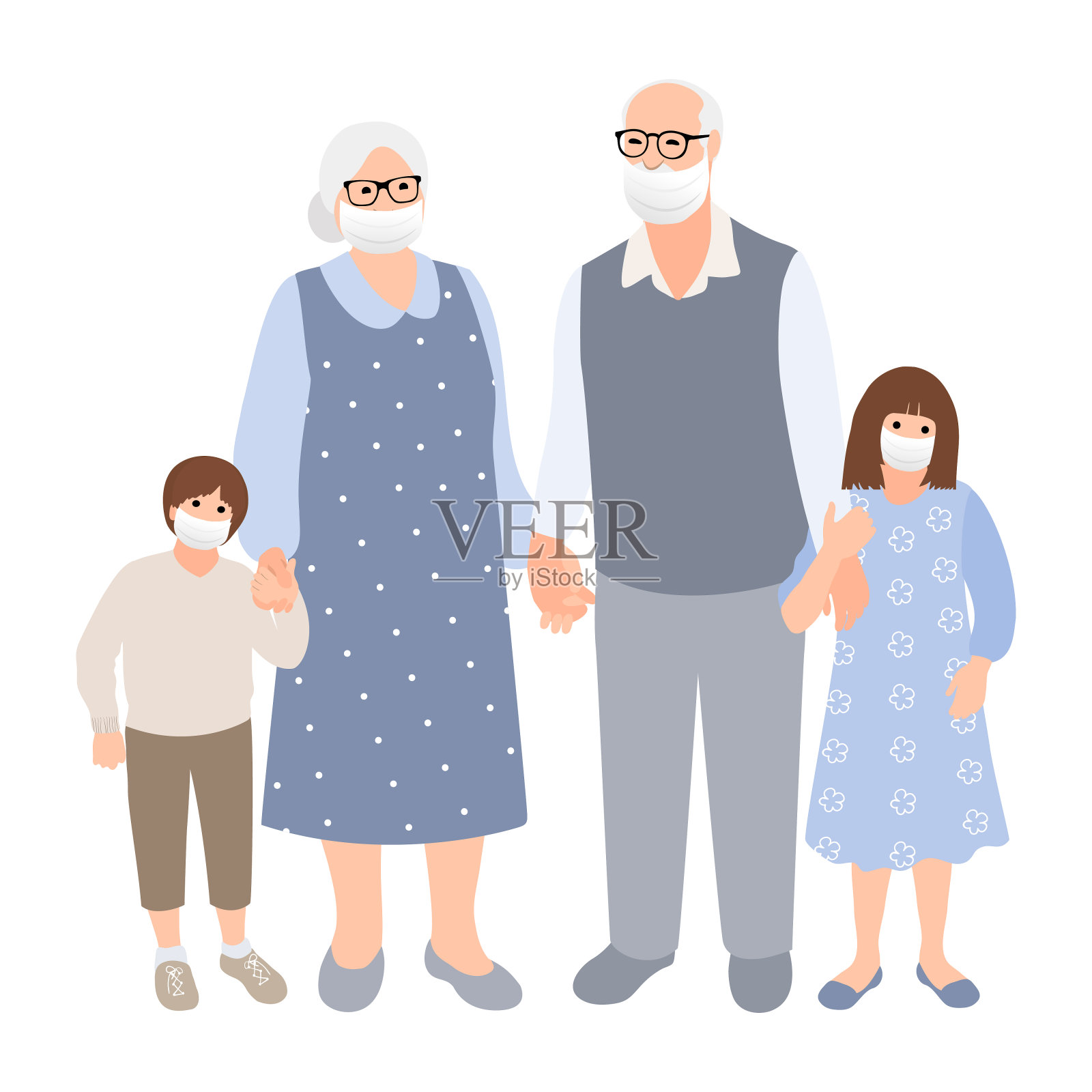 一对白发苍苍的老夫妇带着孙子孙女一起共度时光。家庭的剪影。老女人和男人，还有年轻可爱的男孩和女孩。插画图片素材