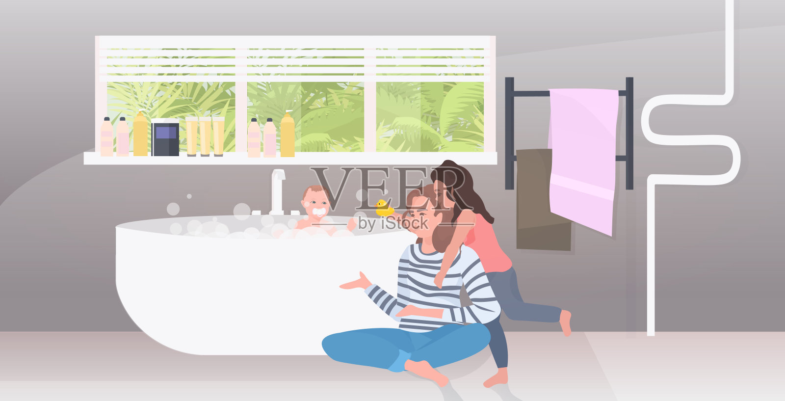 母亲带着女儿洗澡，儿子幸福的家庭一起度过纯洁和卫生的概念插画图片素材