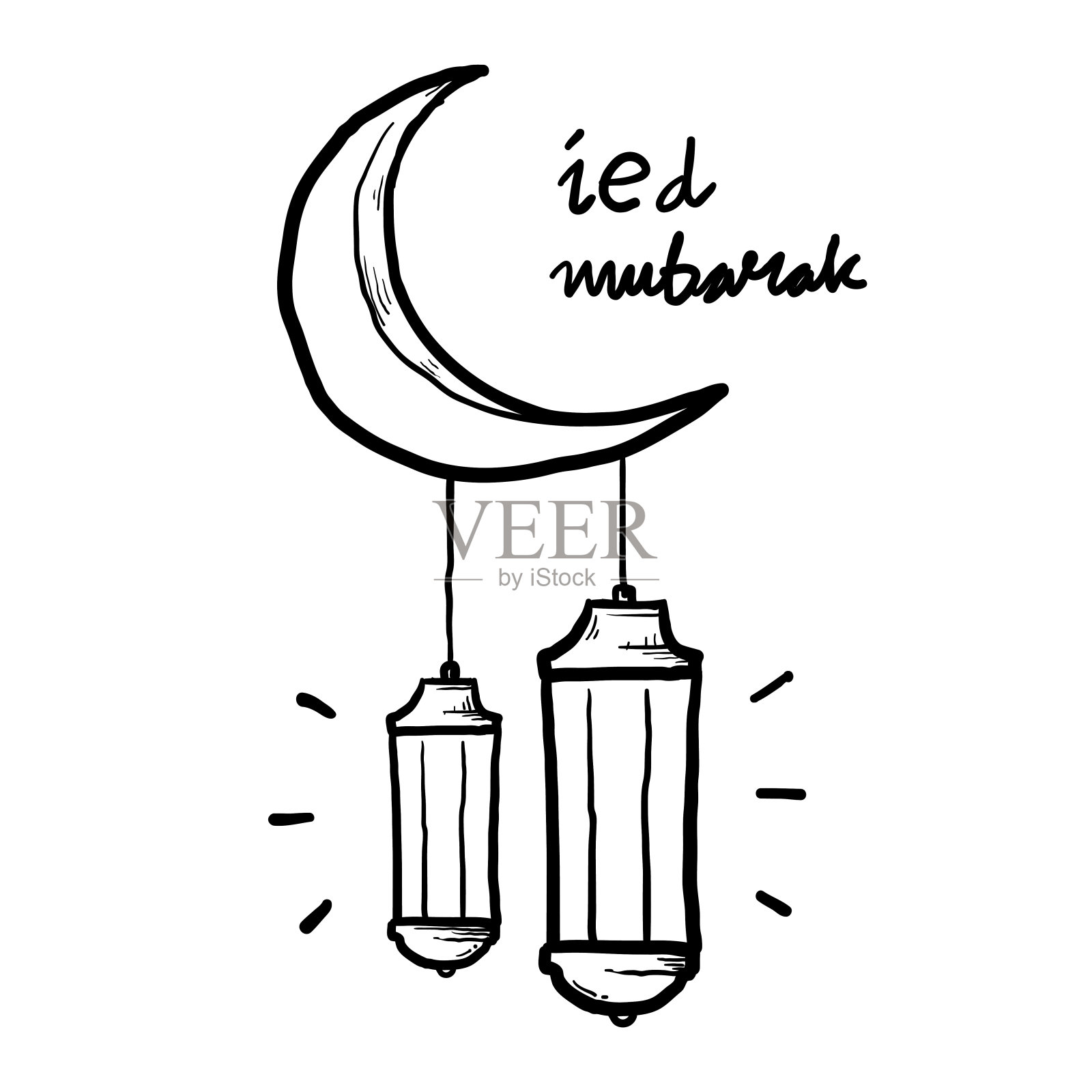 手绘的开斋节穆巴拉克与月亮和伊斯兰灯笼问候。字母手涂鸦向量插画图片素材