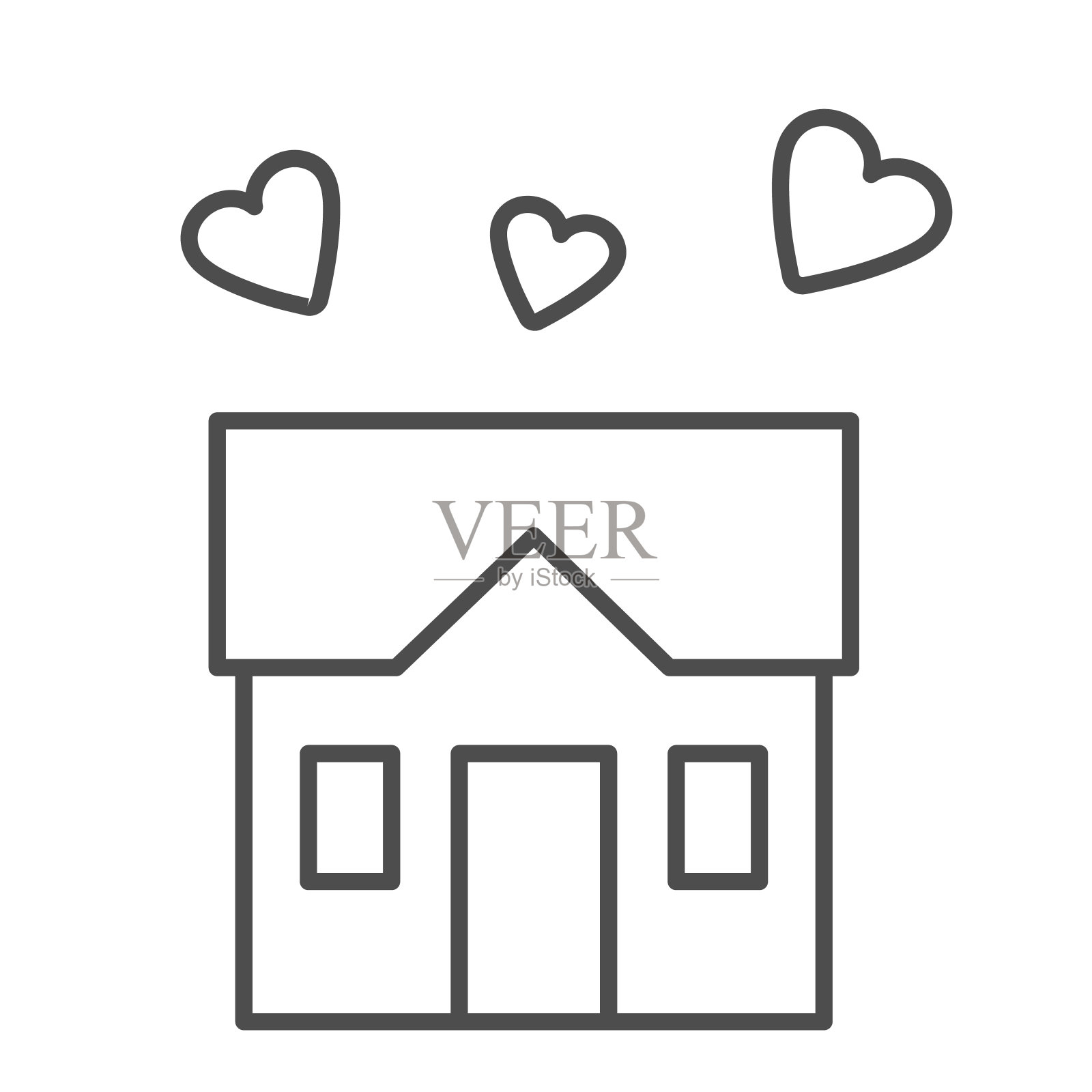房子充满爱的细线图标，甜蜜的家的概念，建筑与白色背景上的心标志，三个心下的房子符号在轮廓风格的移动和网页设计。矢量图形。图标素材