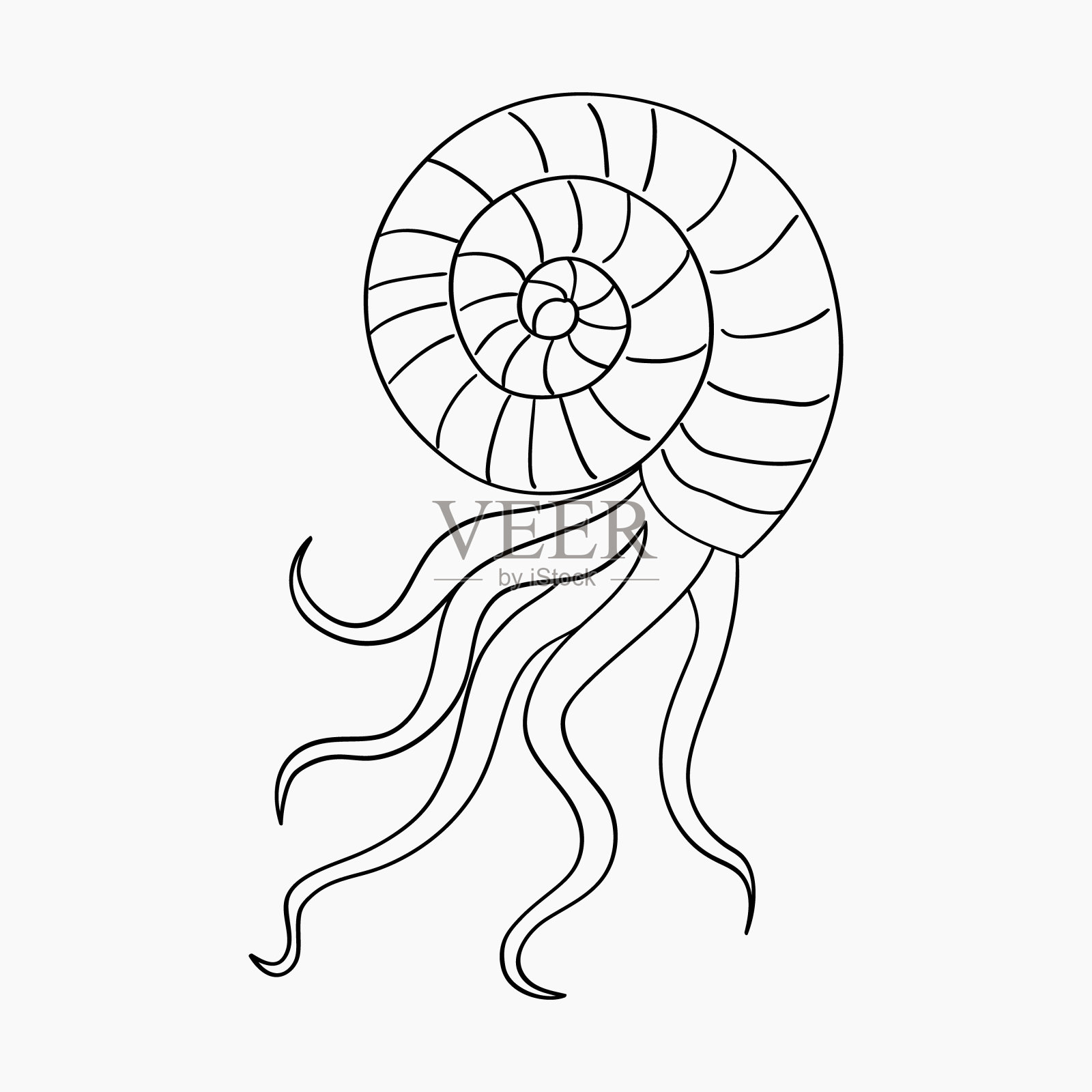 章鱼在蛤壳手绘涂鸦轮廓。水下居民的海洋图标，标志，明信片，着色书。插画图片素材