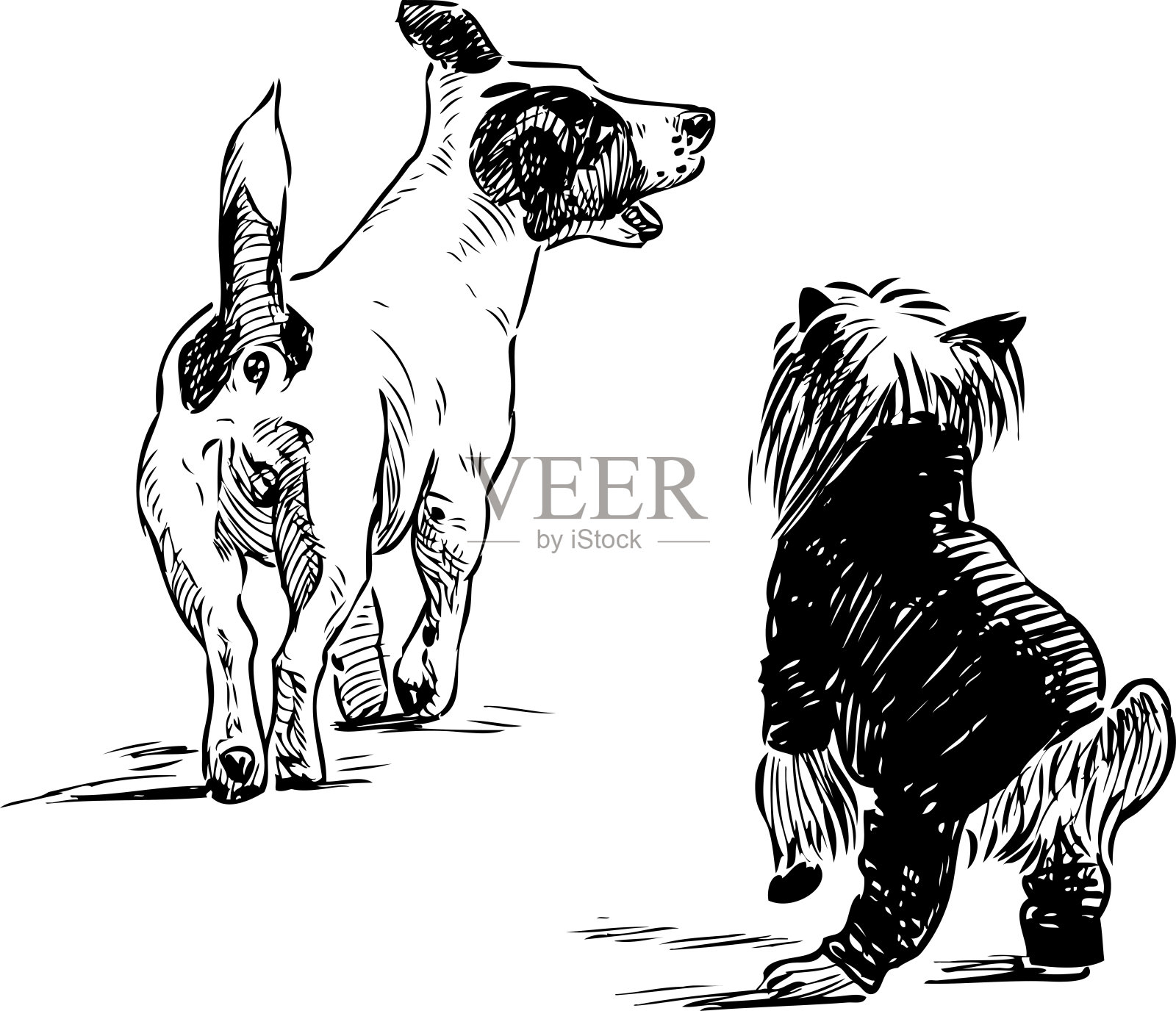 户外梗和哈巴狗的徒手画插画图片素材