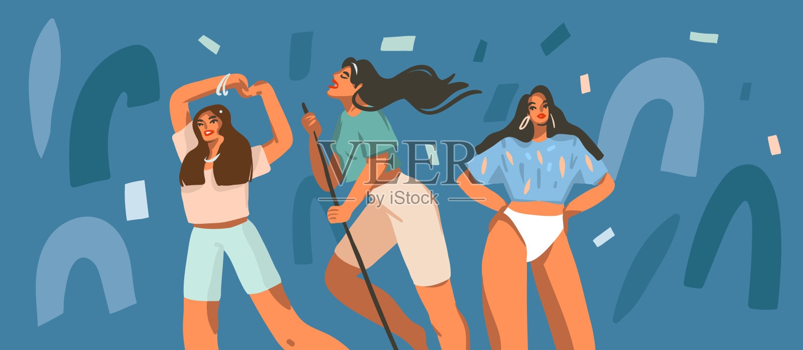 手绘矢量抽象股票图形插图与年轻的微笑女性在家里跳舞派对和拼贴形状孤立的颜色背景插画图片素材
