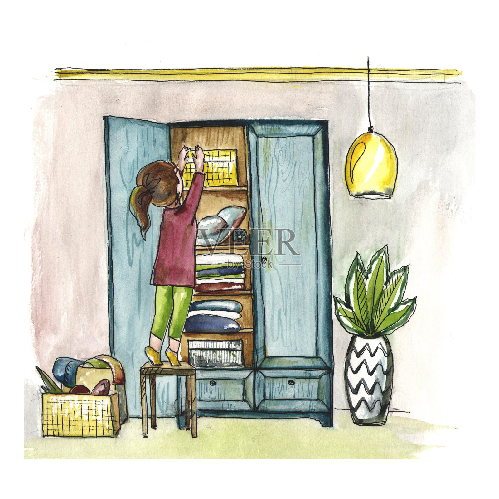 一个女孩在家的手绘插画。插画图片素材