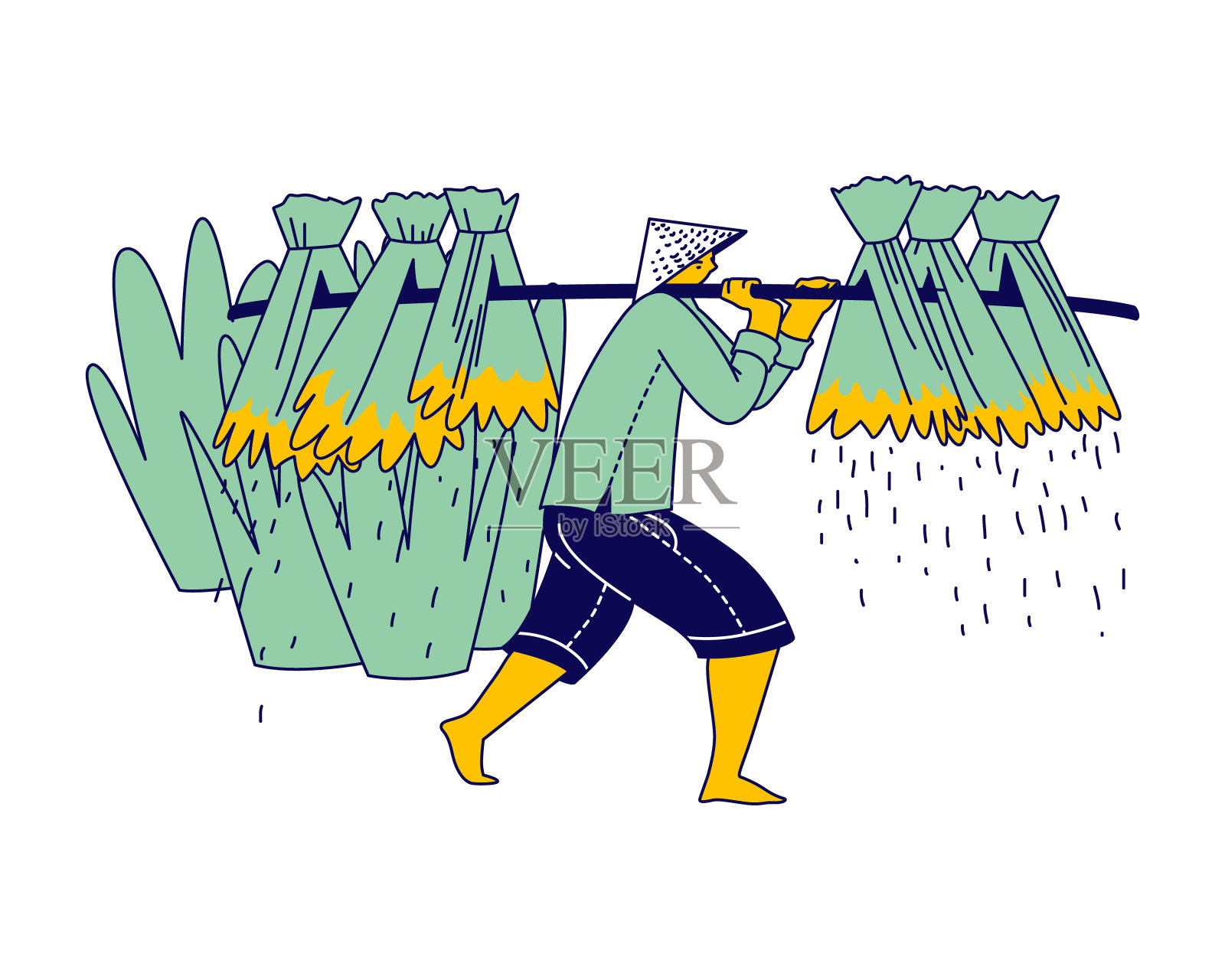 亚洲农民性格携带棍棒与水稻植株孤立在白色的背景。中国或泰国工人戴着草帽收集水稻作物，收获。线性向量插图插画图片素材