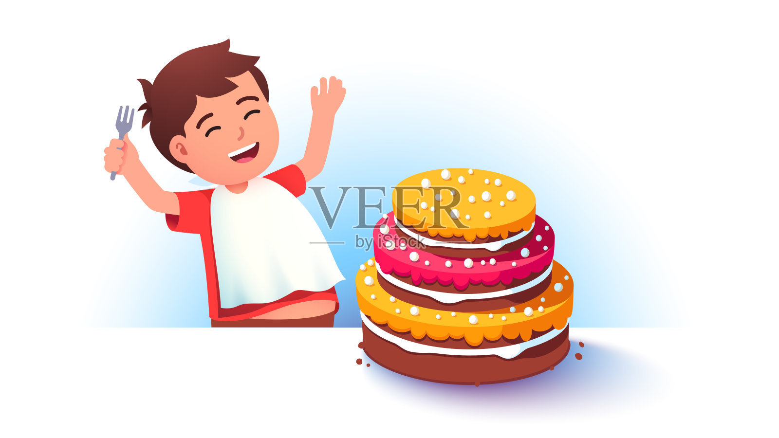 快乐庆祝甜食小男孩准备自己吃大蛋糕。饥饿的儿童卡通人物与美味的甜食。童年糕点美味。平面向量插图设计元素图片