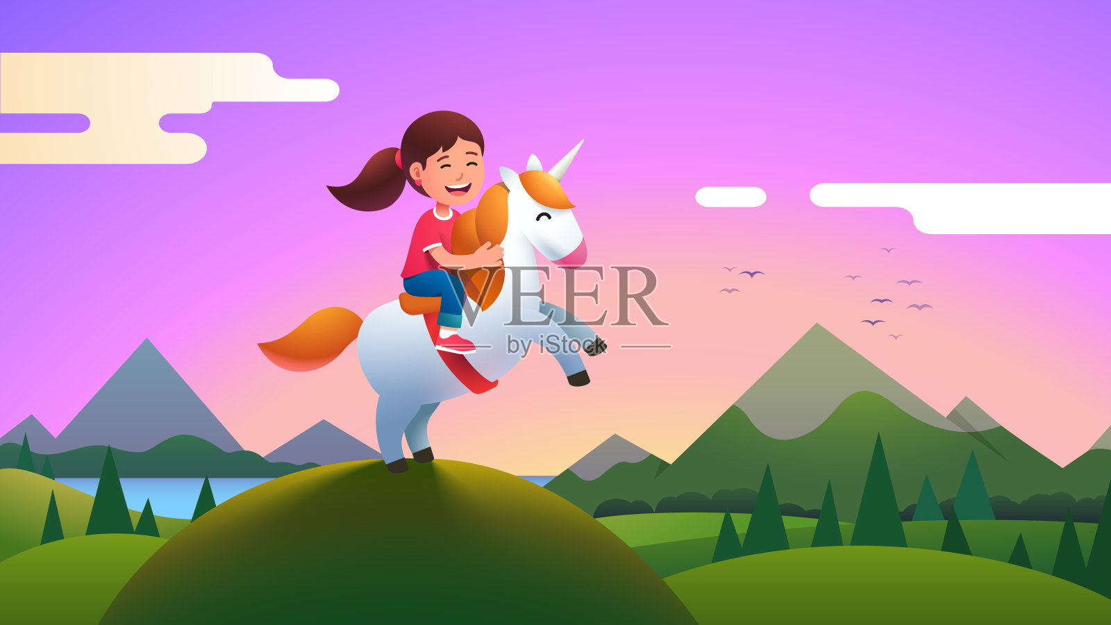 小女孩骑着独角兽在美丽的草甸山上。快乐的小骑士坐在独角兽上。山川和森林景观风景。童年和幻想。平面向量插图插画图片素材