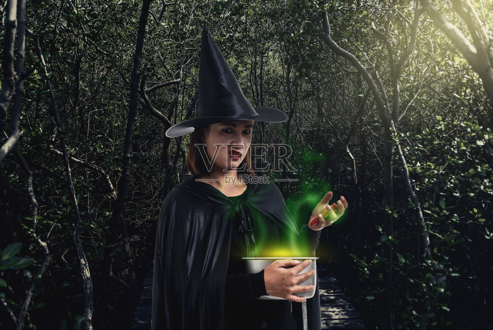 在黑暗的森林中，女巫手持幽灵般的大锅炊烟，随着月光袅袅升起照片摄影图片