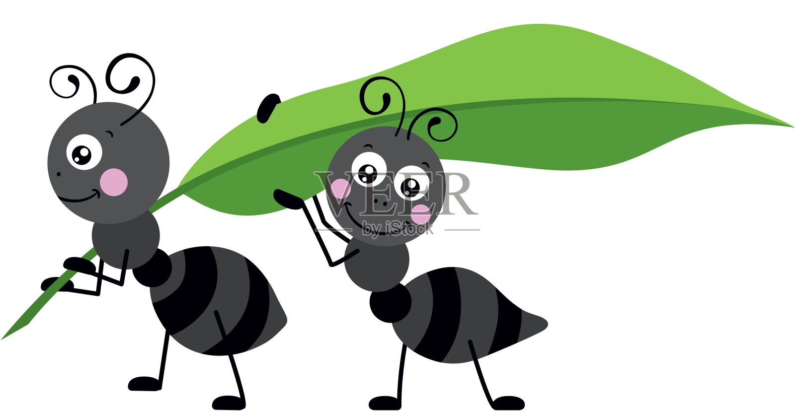 两只蚂蚁扛着一片绿叶插画图片素材