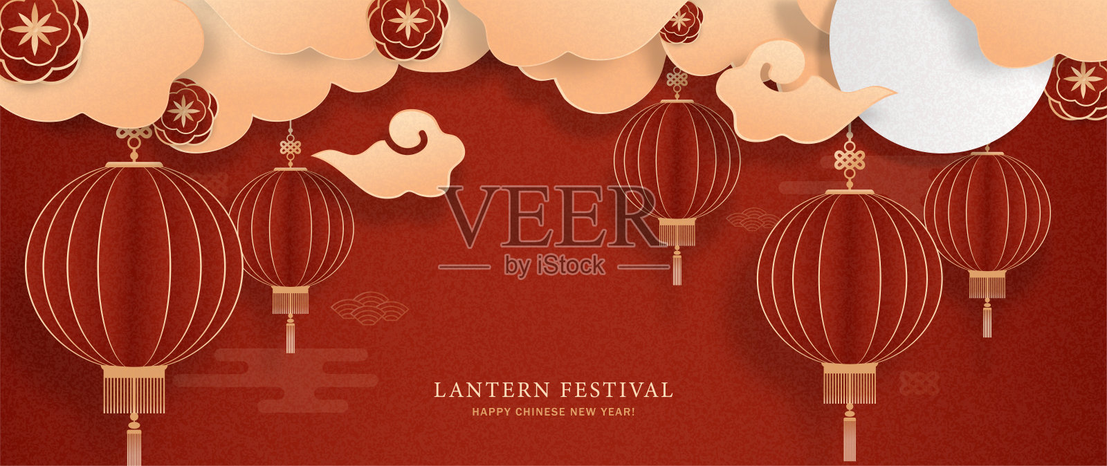 红色的中国图案背景上的红灯笼和云，元宵节和春节快乐。剪纸的风格。矢量插图。插画图片素材