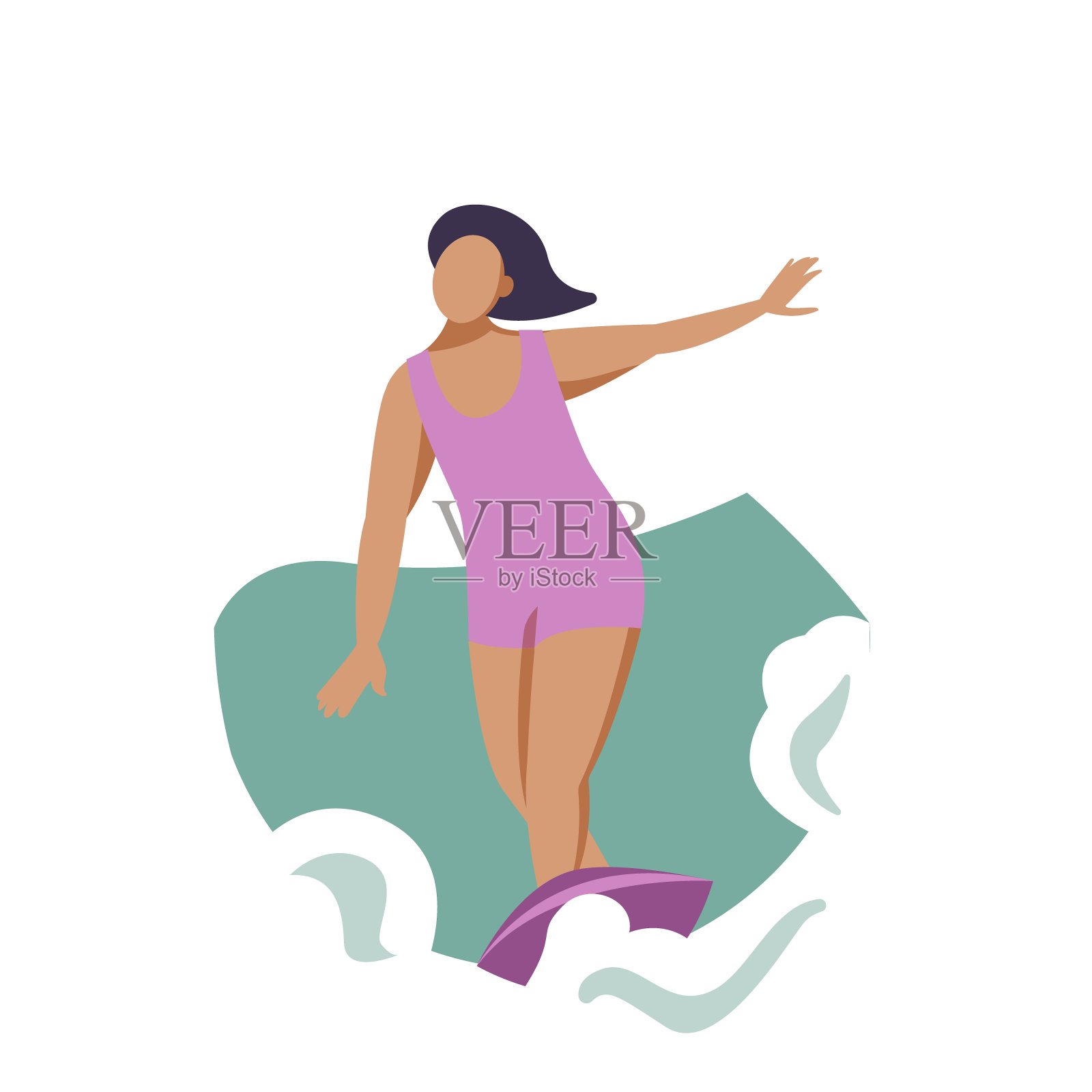 矢量夏季插图在现代时尚的平面线性风格-快乐的女孩冲浪-年轻的人物骑冲浪板插画图片素材