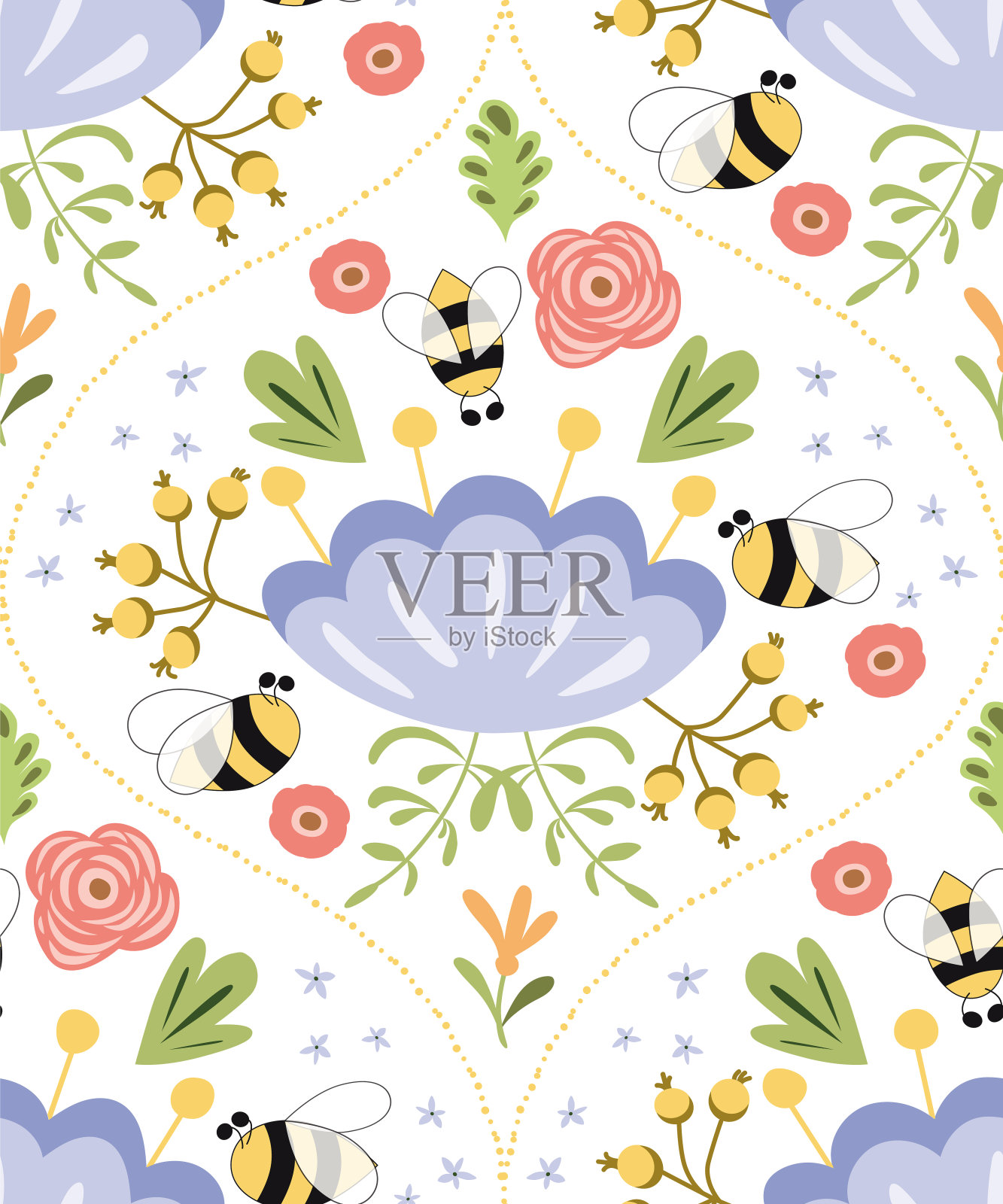 夏季无缝花纹蜂花缎花印花。可爱的图案设计的织物织物印花插画图片素材