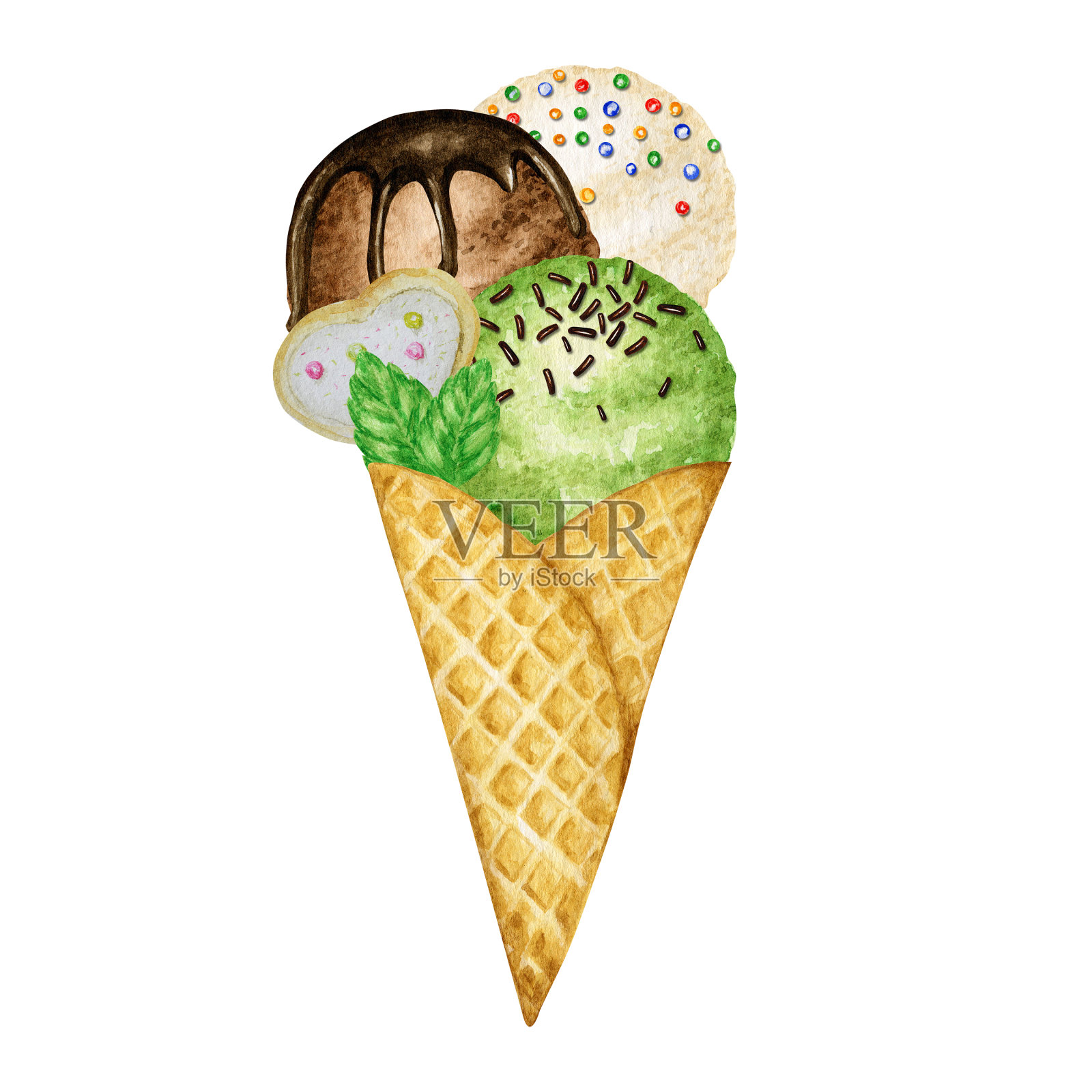用巧克力装饰的冰淇淋球在华夫蛋筒里很好吃。水彩插图孤立的白色背景。香草，巧克力和绿色开心果冰淇淋球设计元素图片