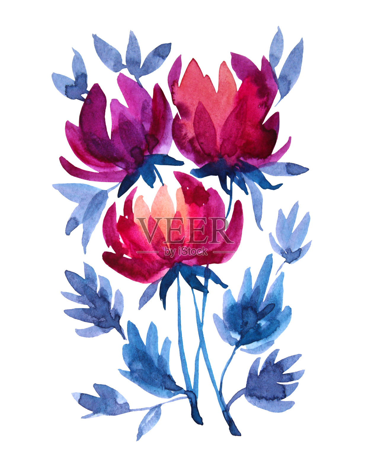 水彩手绘花束红色菊花和百合与叶子孤立在白色的背景。用于贴纸、卡片、墙纸、纺织品或包装的艺术创作的自然对象。插画图片素材
