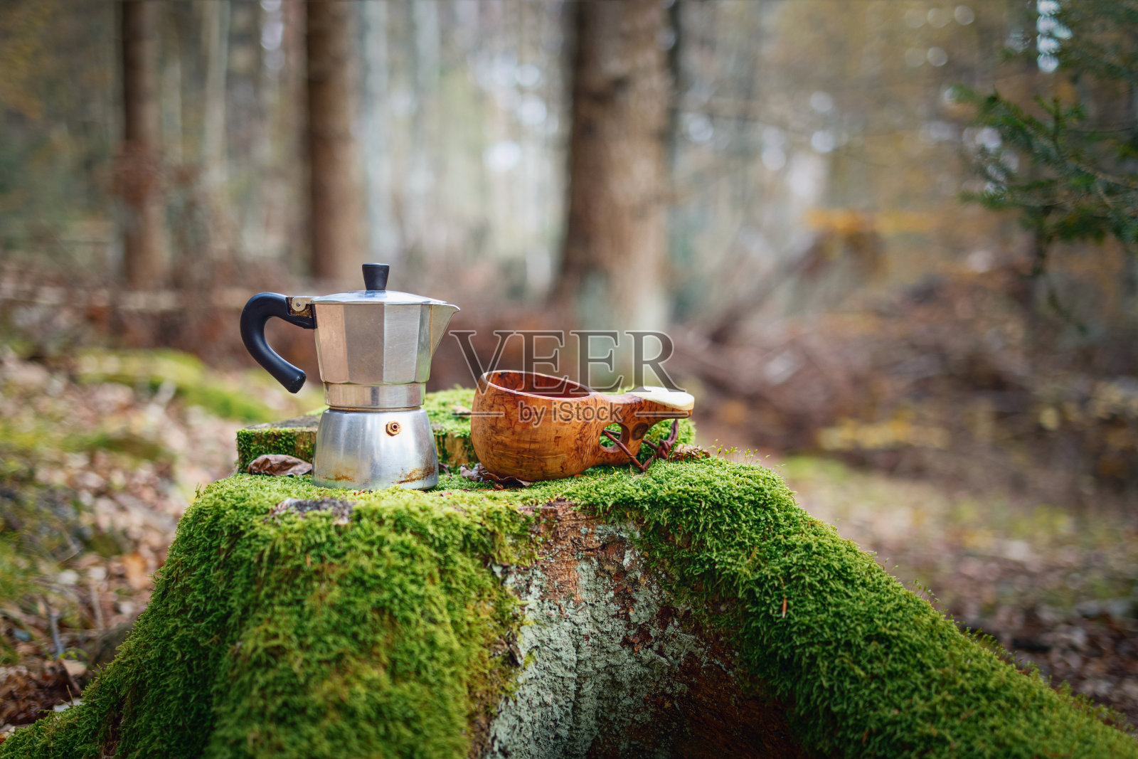 Moka壶咖啡机和kuksa木杯放在一个美丽的苔藓覆盖的树桩上。照片摄影图片