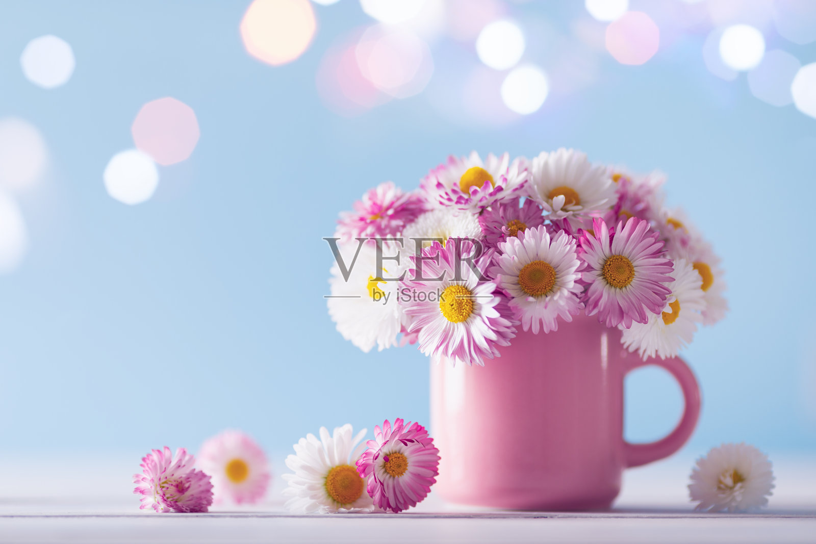 花束从美丽的英国雏菊花在粉红色的杯对闪耀的灯光背景。贺卡模板。照片摄影图片