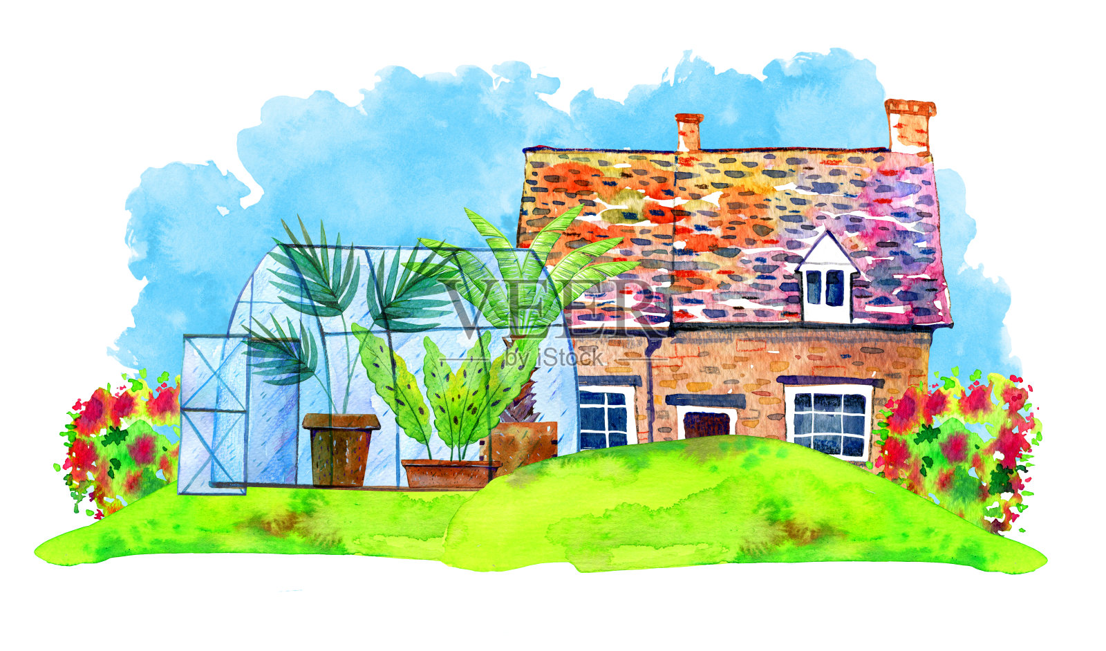 景观有古老的石屋、温室和植物。手绘水彩素描插图插画图片素材