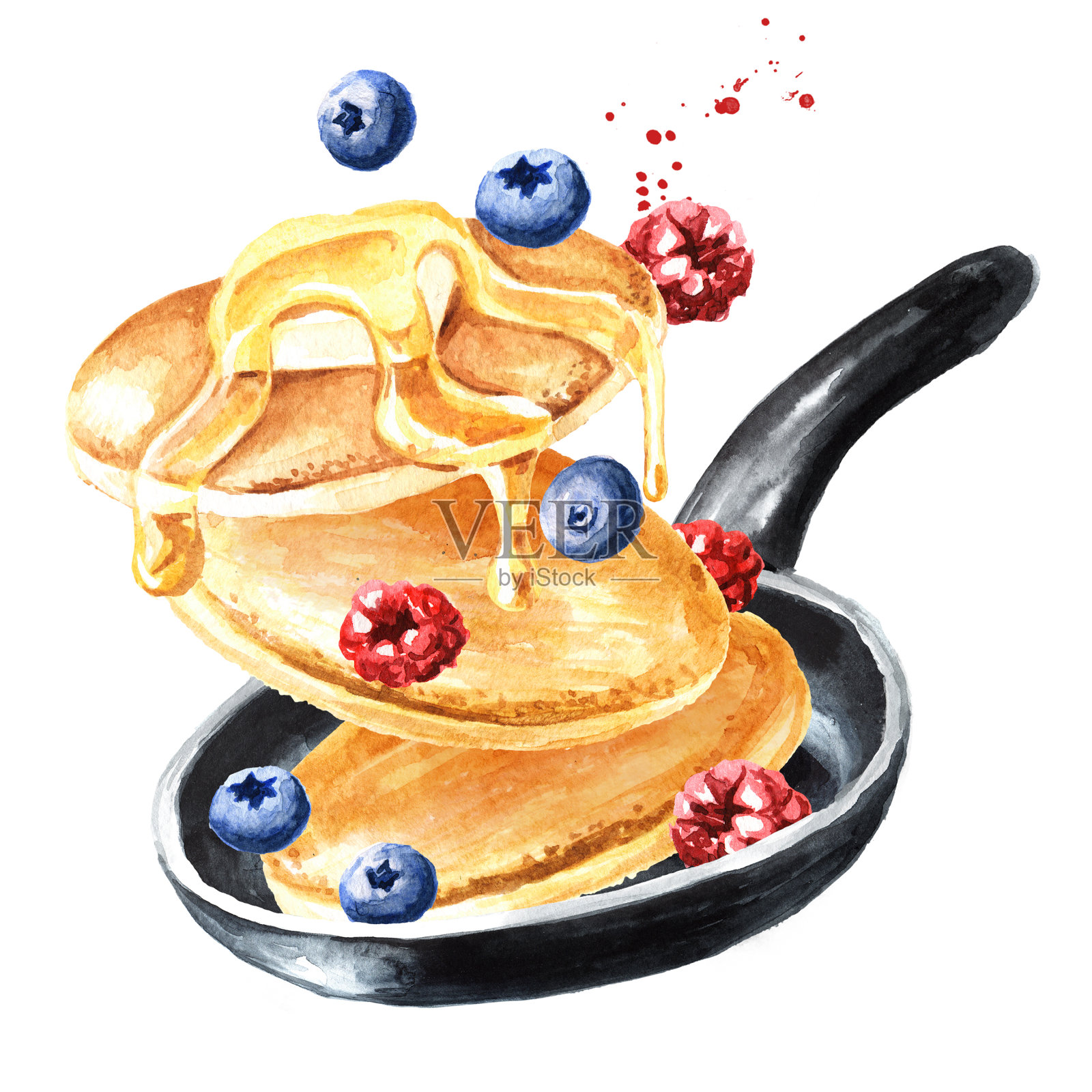 飞煎饼，甜枫糖浆或蜂蜜，新鲜的树莓和蓝莓和煎锅。手绘水彩插图孤立的白色背景插画图片素材
