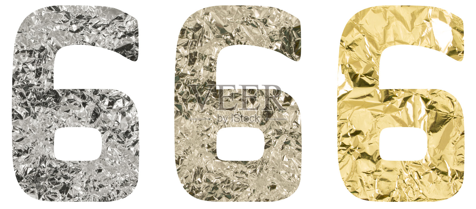 孤立的字体6号一由皱钛，银，金箔在白色背景照片摄影图片