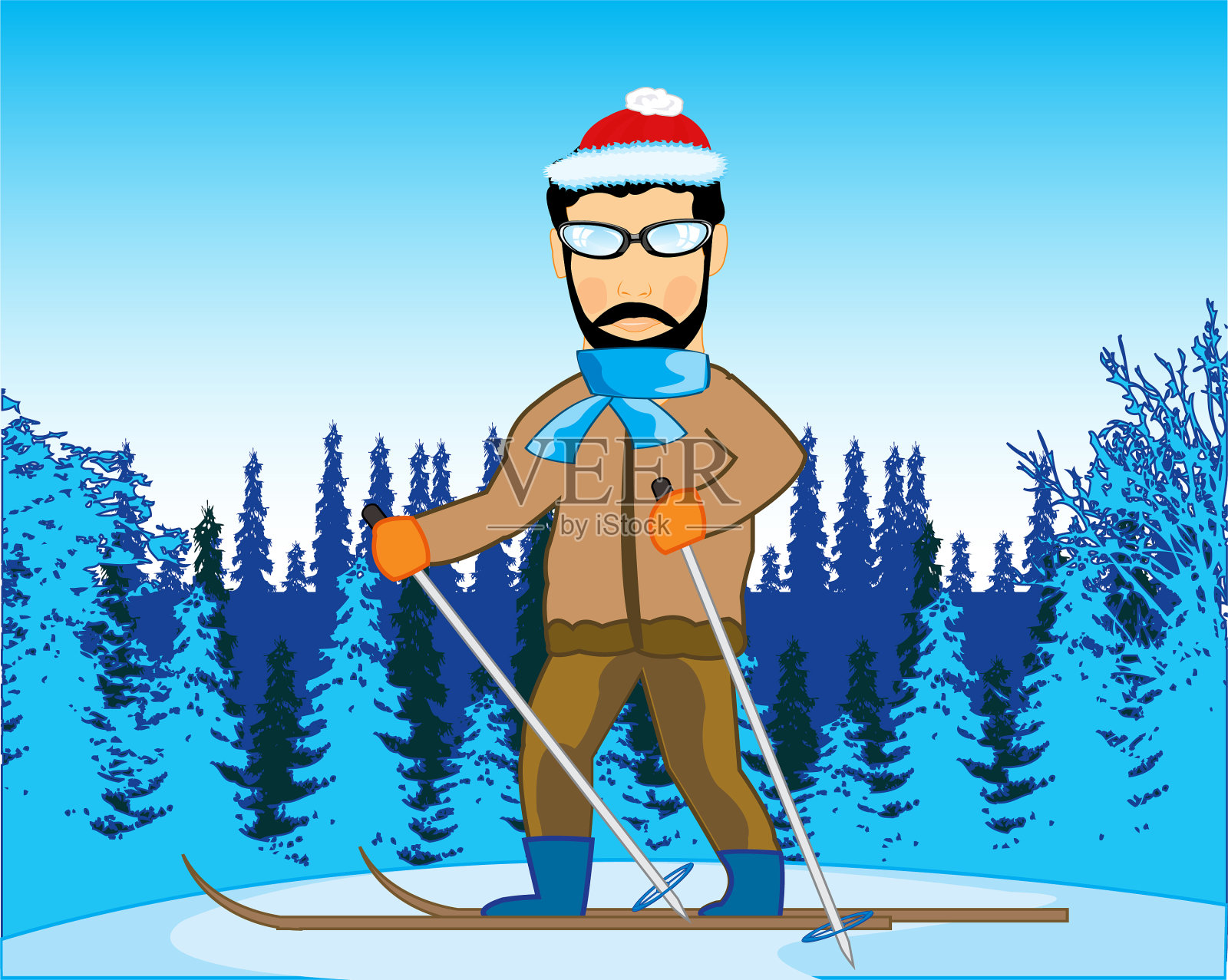 冬天，人们在木头上滑雪插画图片素材