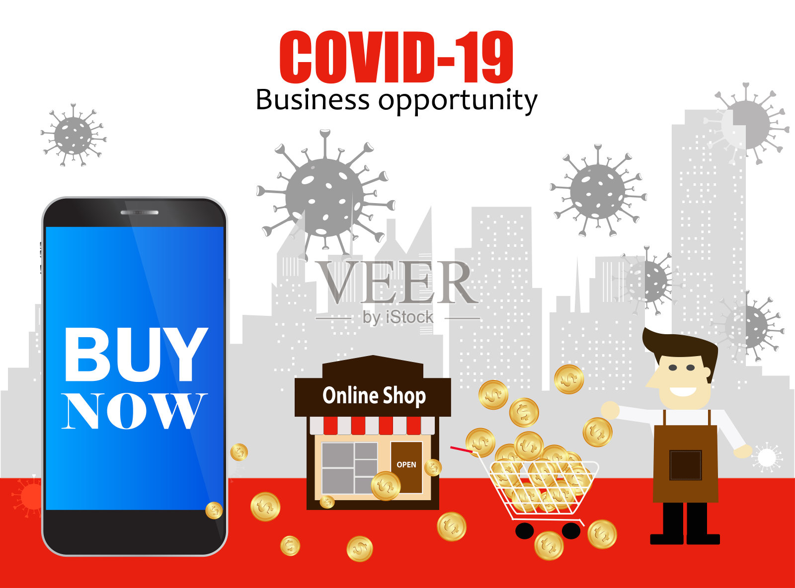 Covid-19和商业机会生存概念设计。在线市场。平面设计矢量图设计模板素材