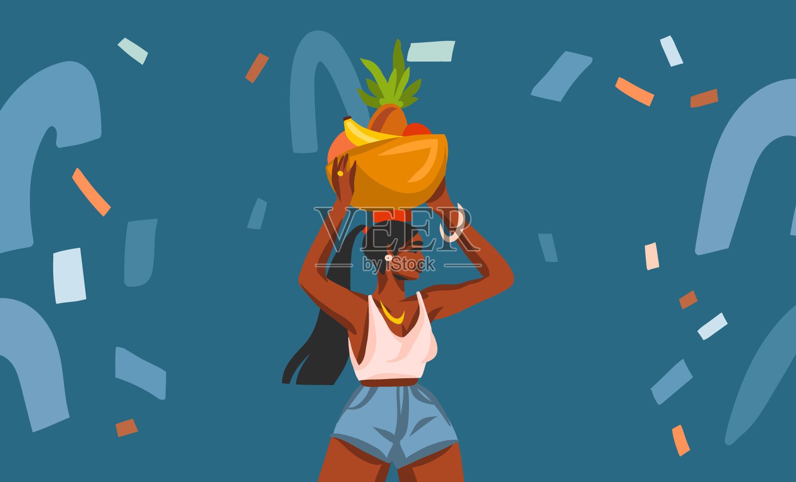 手绘向量抽象股票图形插图与年轻快乐的黑人美国美女女性，在他的头上挎着一篮子水果孤立在蓝色拼贴形状的背景插画图片素材