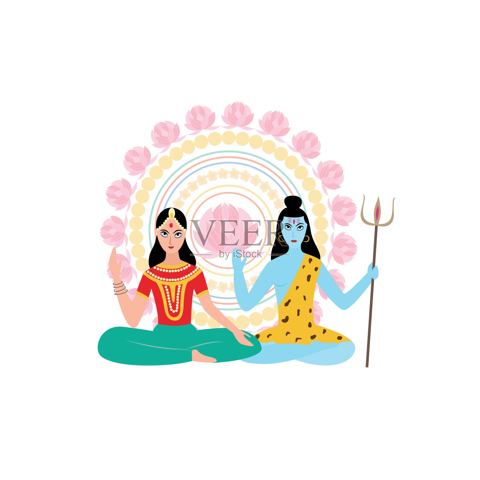 Parvati和Shiva -来自印度教的印度神坐在莲花姿势插画图片素材