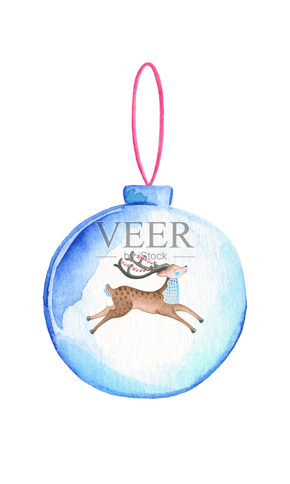 有奔跑的鹿的圣诞球。圣诞树装饰孤立。冷杉球水彩插图。可爱的驯鹿在玻璃球插画图片素材
