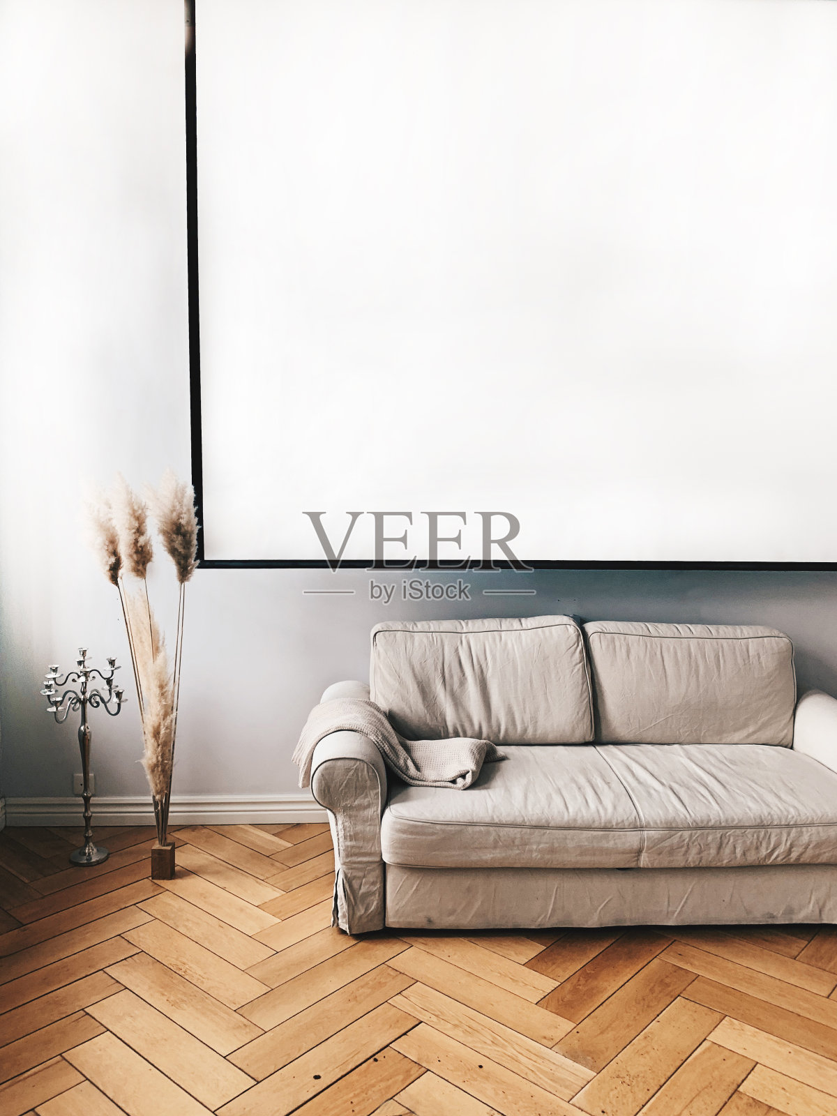 灰色复古沙发和美丽的干燥装饰植物在模拟的背景照片摄影图片