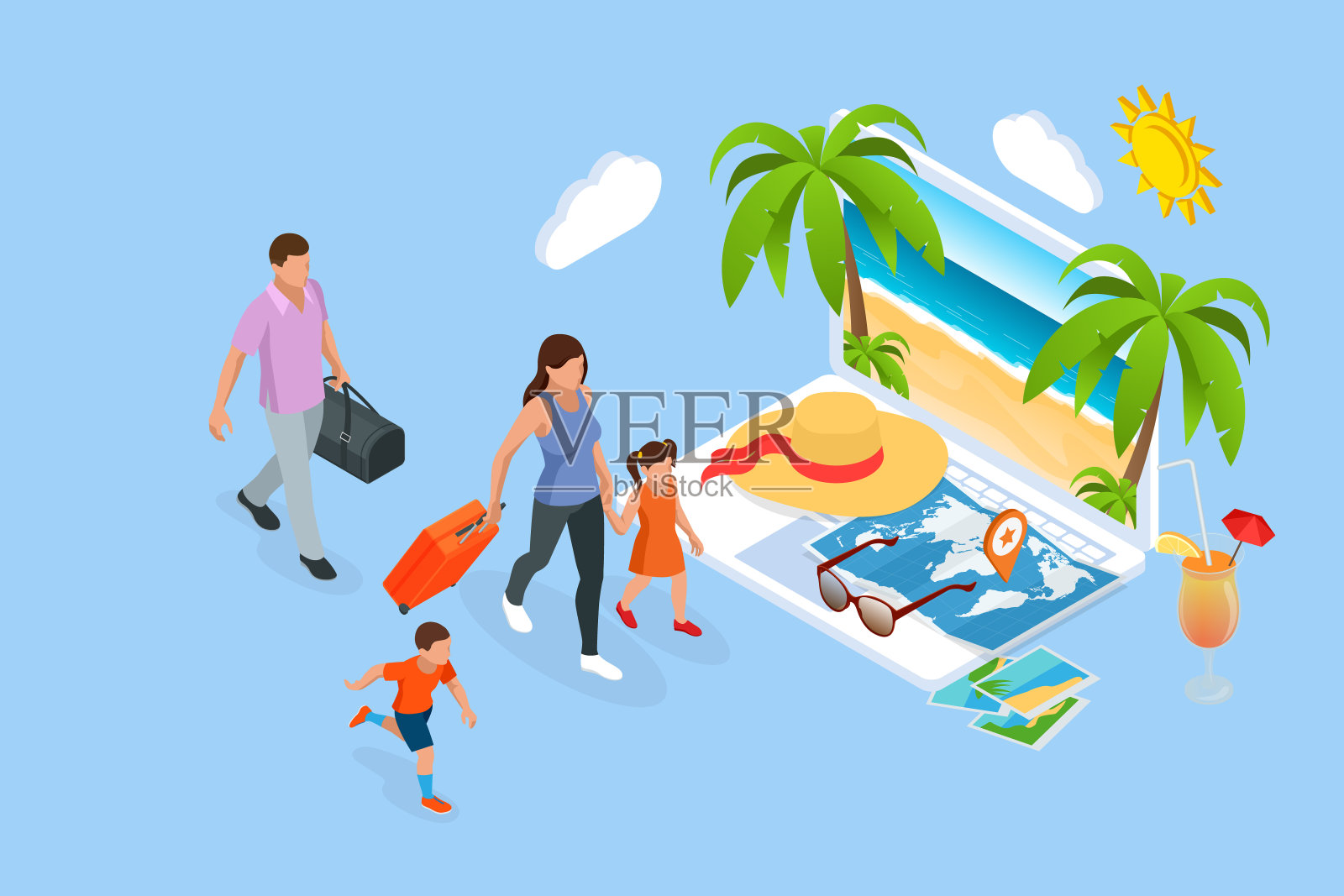 等距家庭夏季旅游概念。父亲和孩子们在海滩上享受夏天。家庭度假插画图片素材