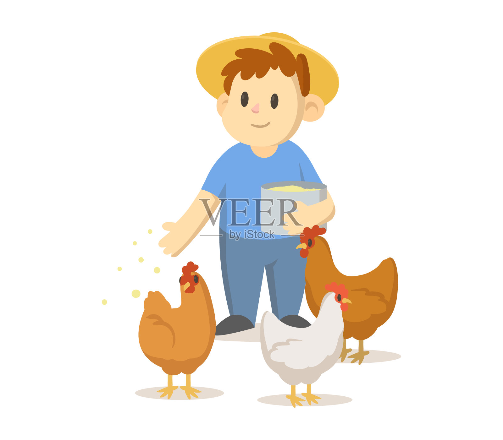 快乐的农民戴着草帽喂鸡。卡通人物在工作服装。平面矢量插图，孤立在白色背景上。插画图片素材