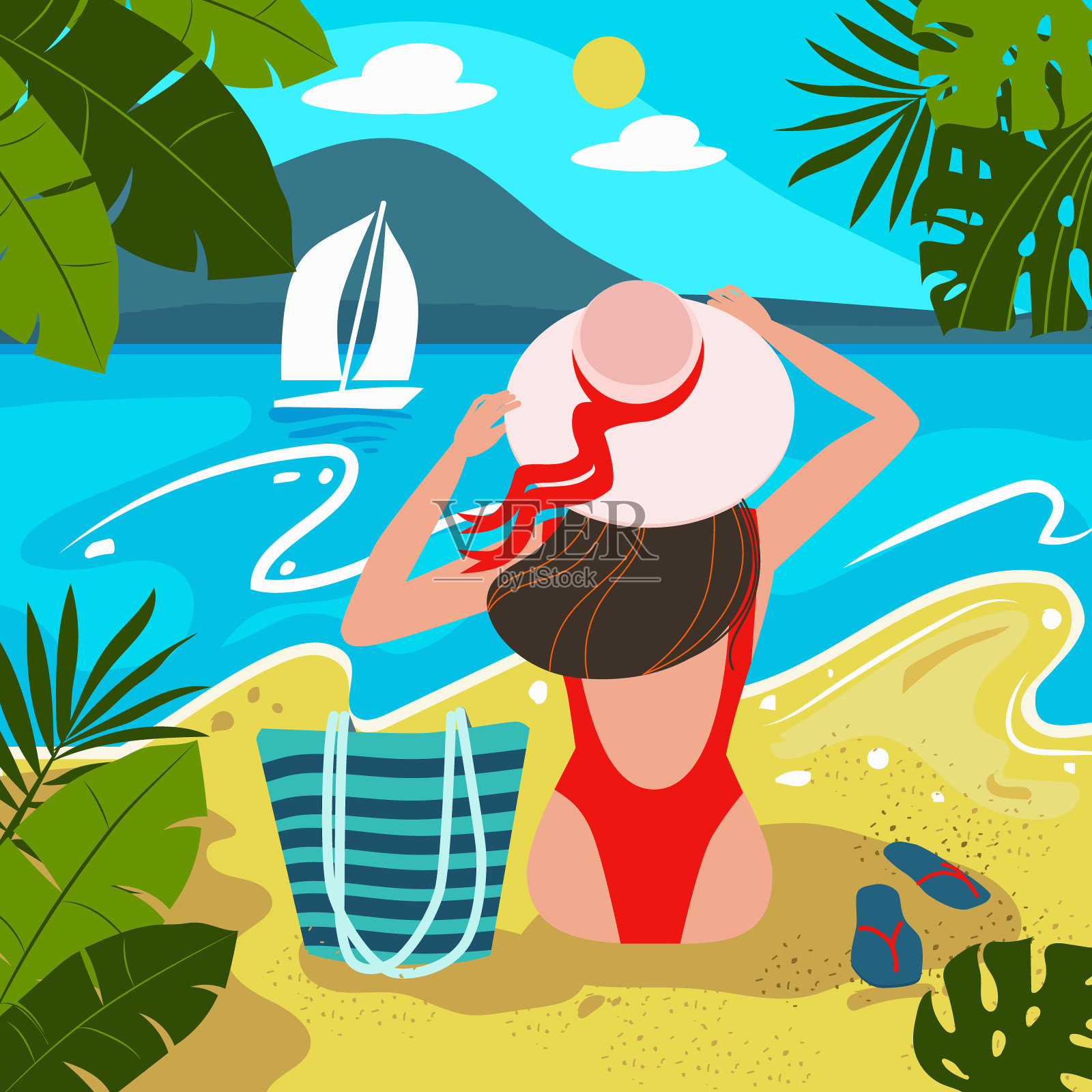 浪漫女孩的剪影穿着红色泳衣和帽子坐在海滩上看海。暑假或豪华假期。向量插画图片素材