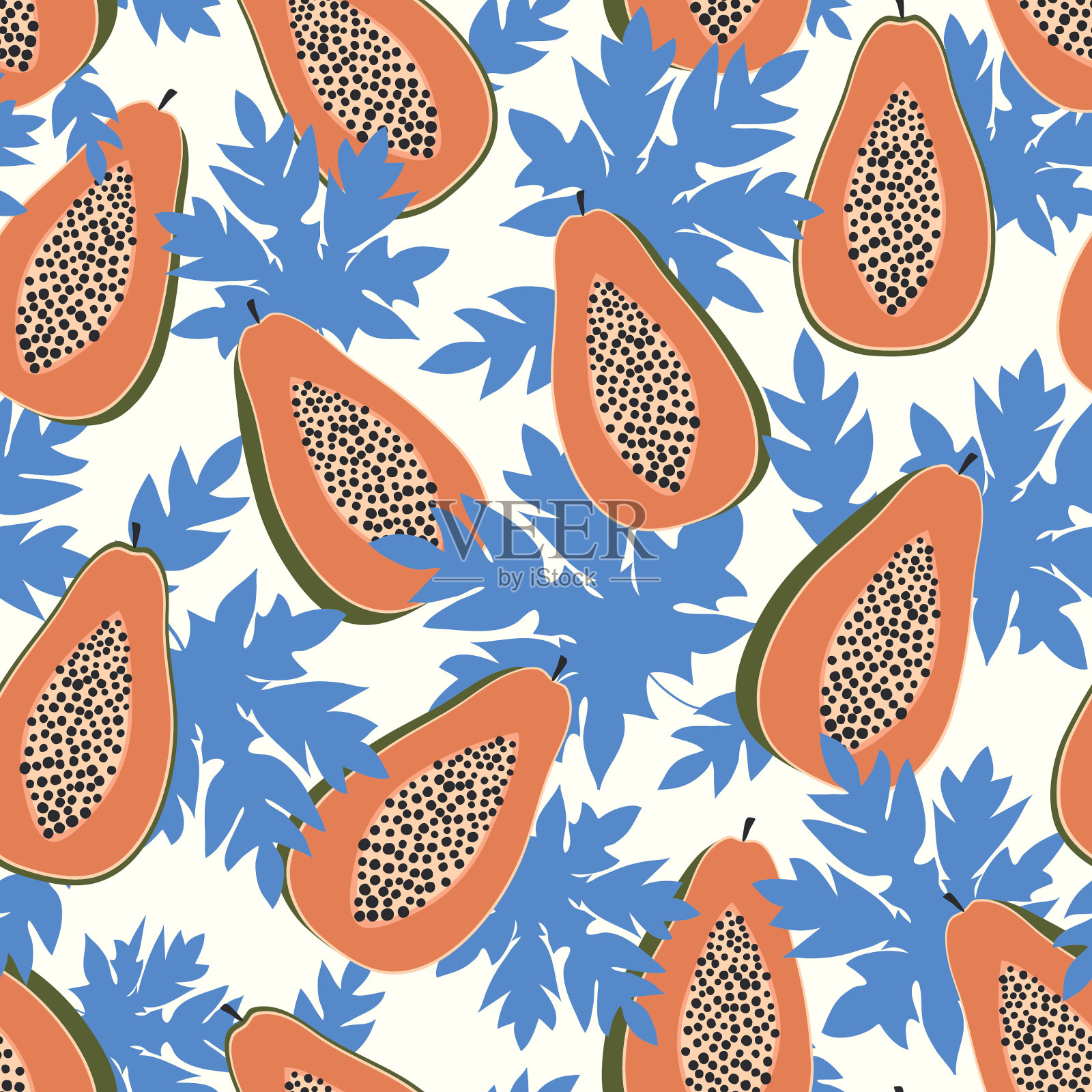 木瓜果实和叶子无缝花纹，背景为白色。热带水果插画图片素材