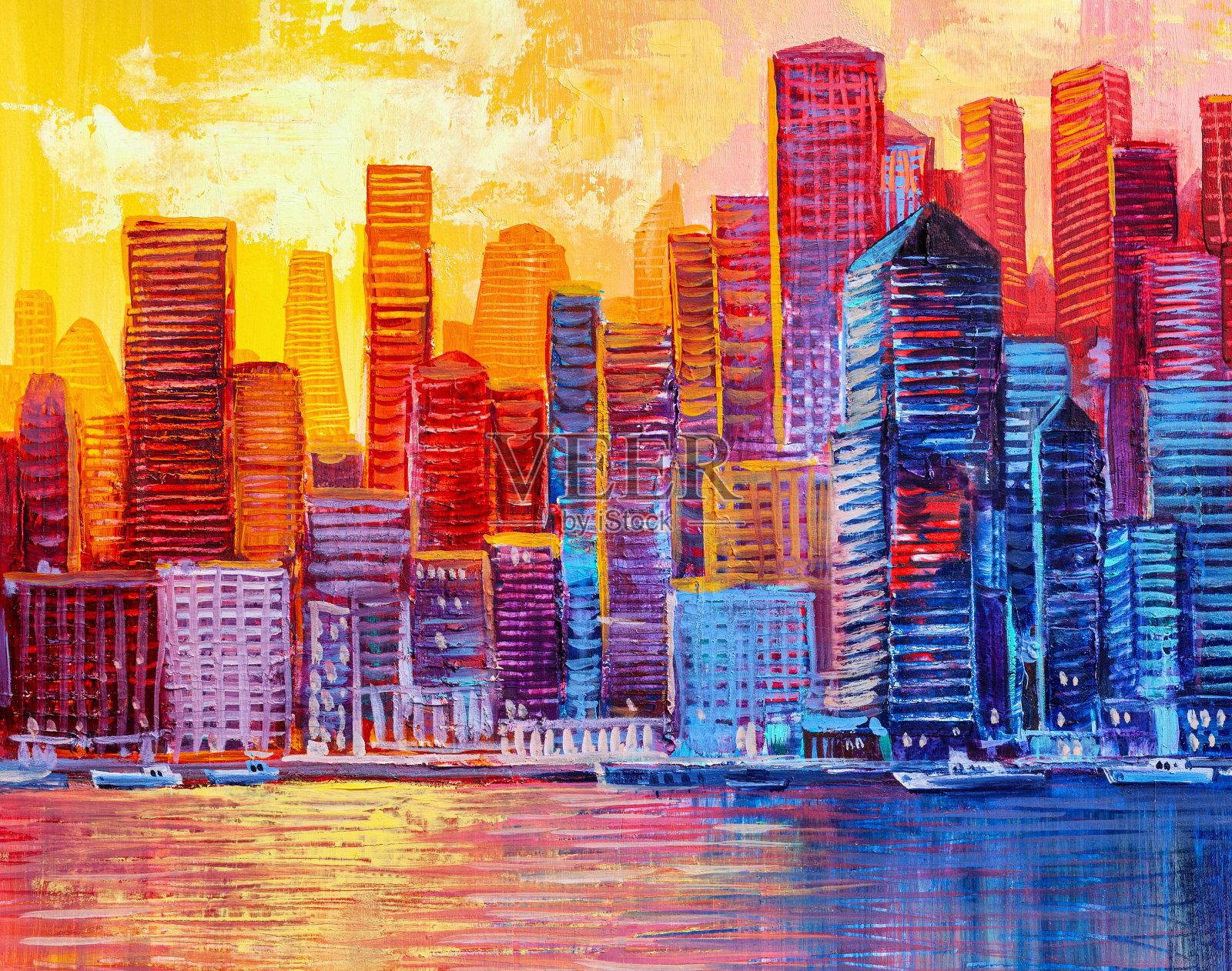 摩天大楼的艺术绘画。抽象风格。城市全景。插画图片素材