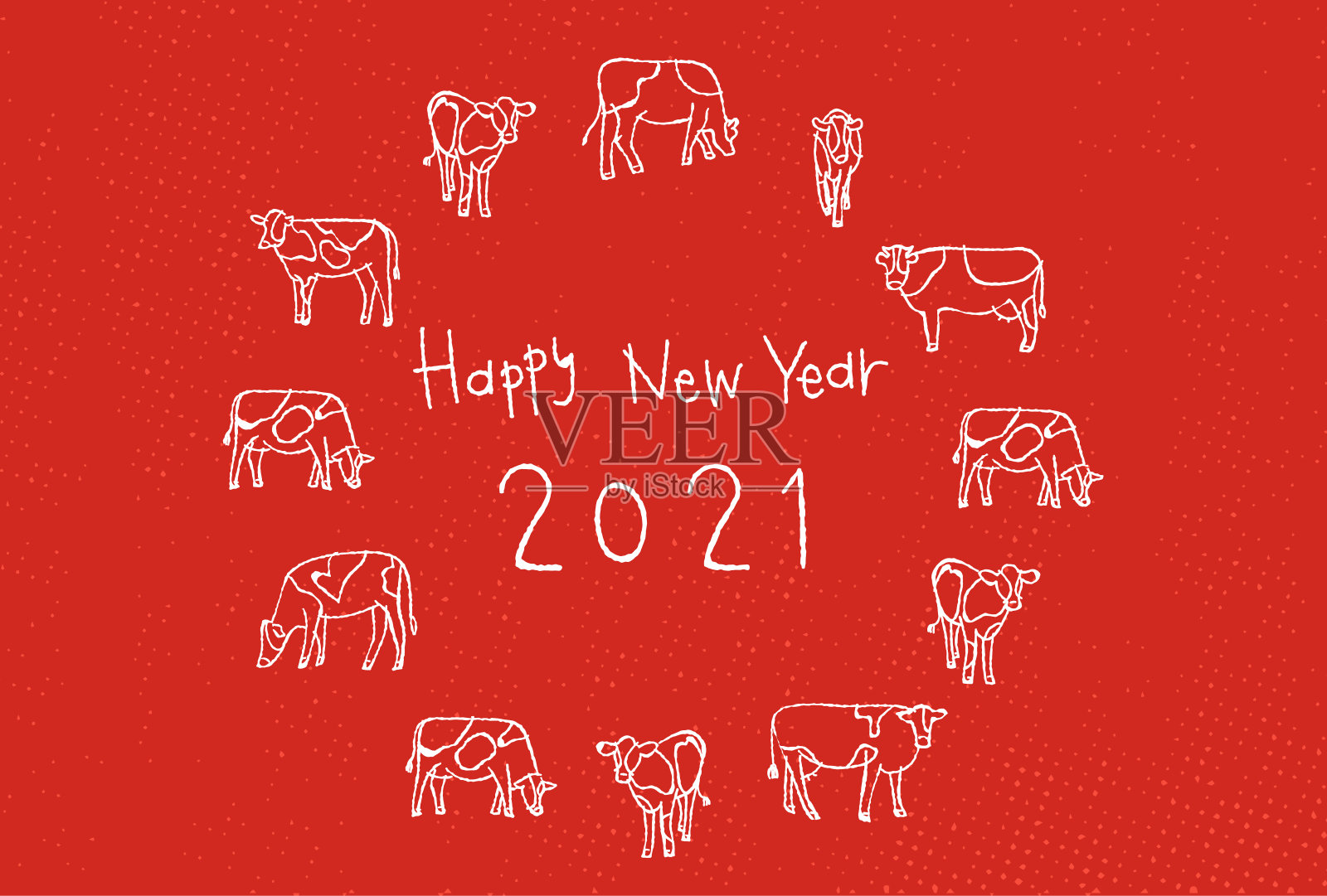2021年日本新年卡片。主题是一只黄牛。“新年快乐”是用英语写的。插画图片素材