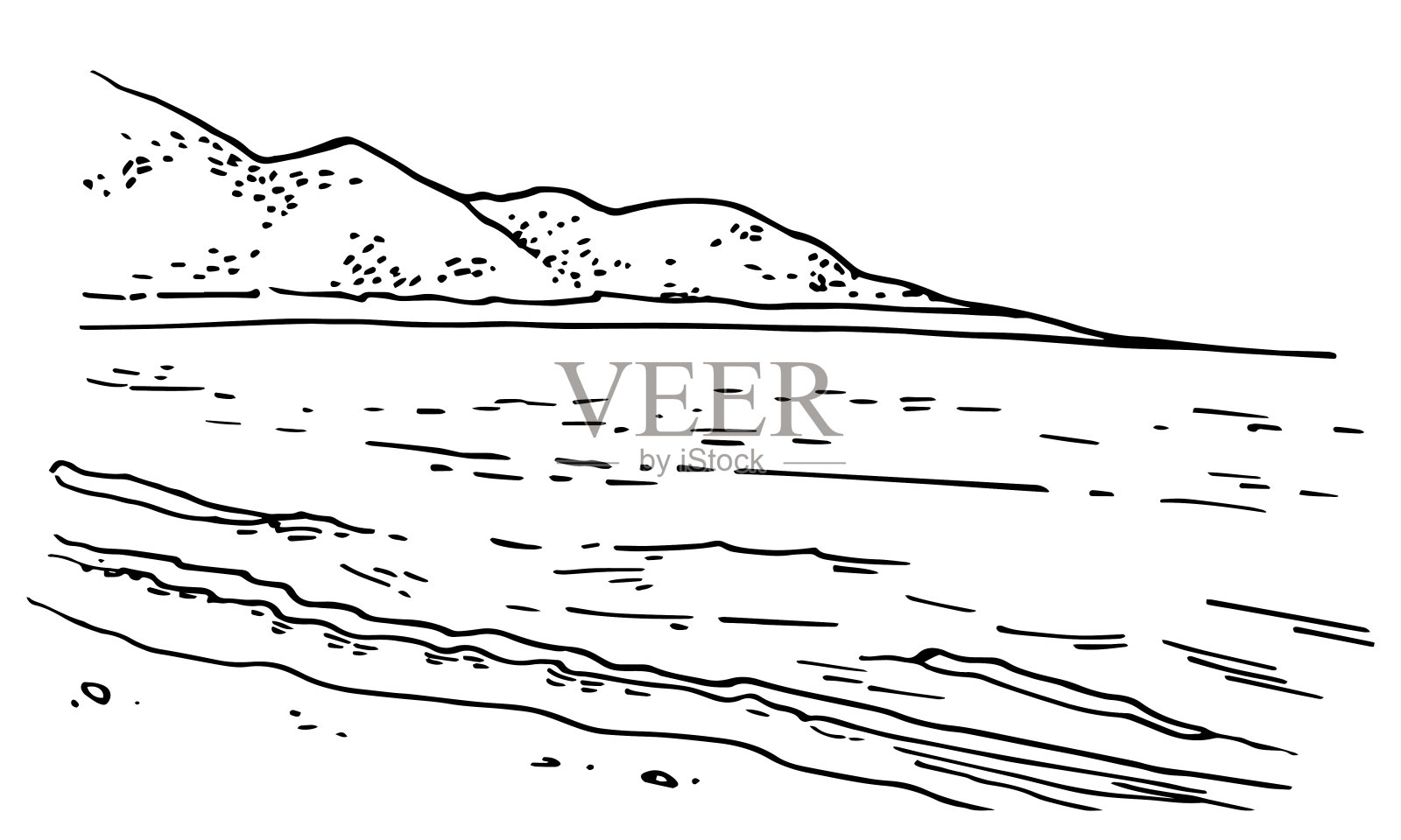 海滨景观与山脉。手绘矢量草图墨水插图。白底黑字插画图片素材