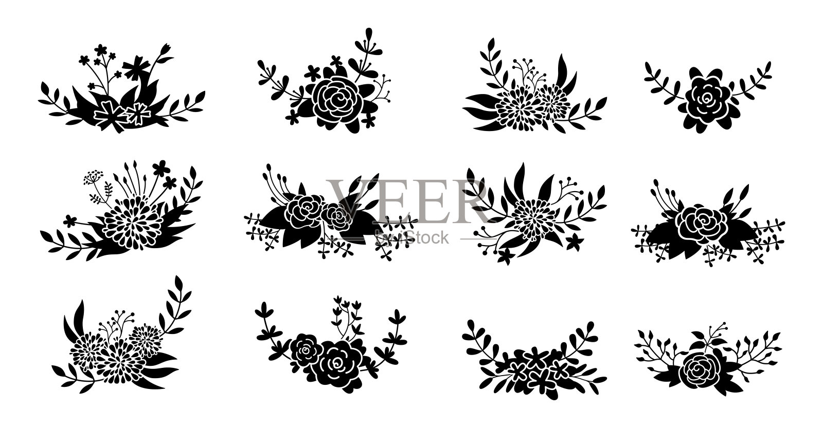花卉构图集花枝黑字形插画图片素材