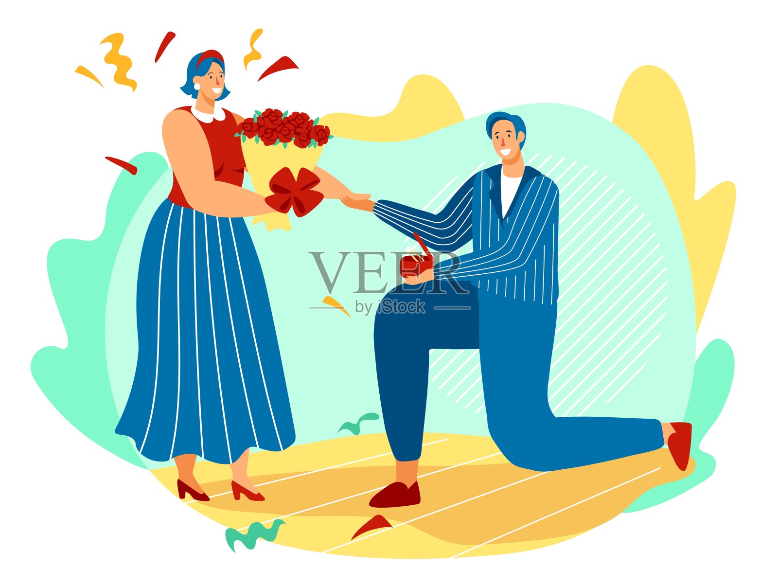 跪着的男人用戒指向女人求婚。插画图片素材_ID:343339598-Veer图库