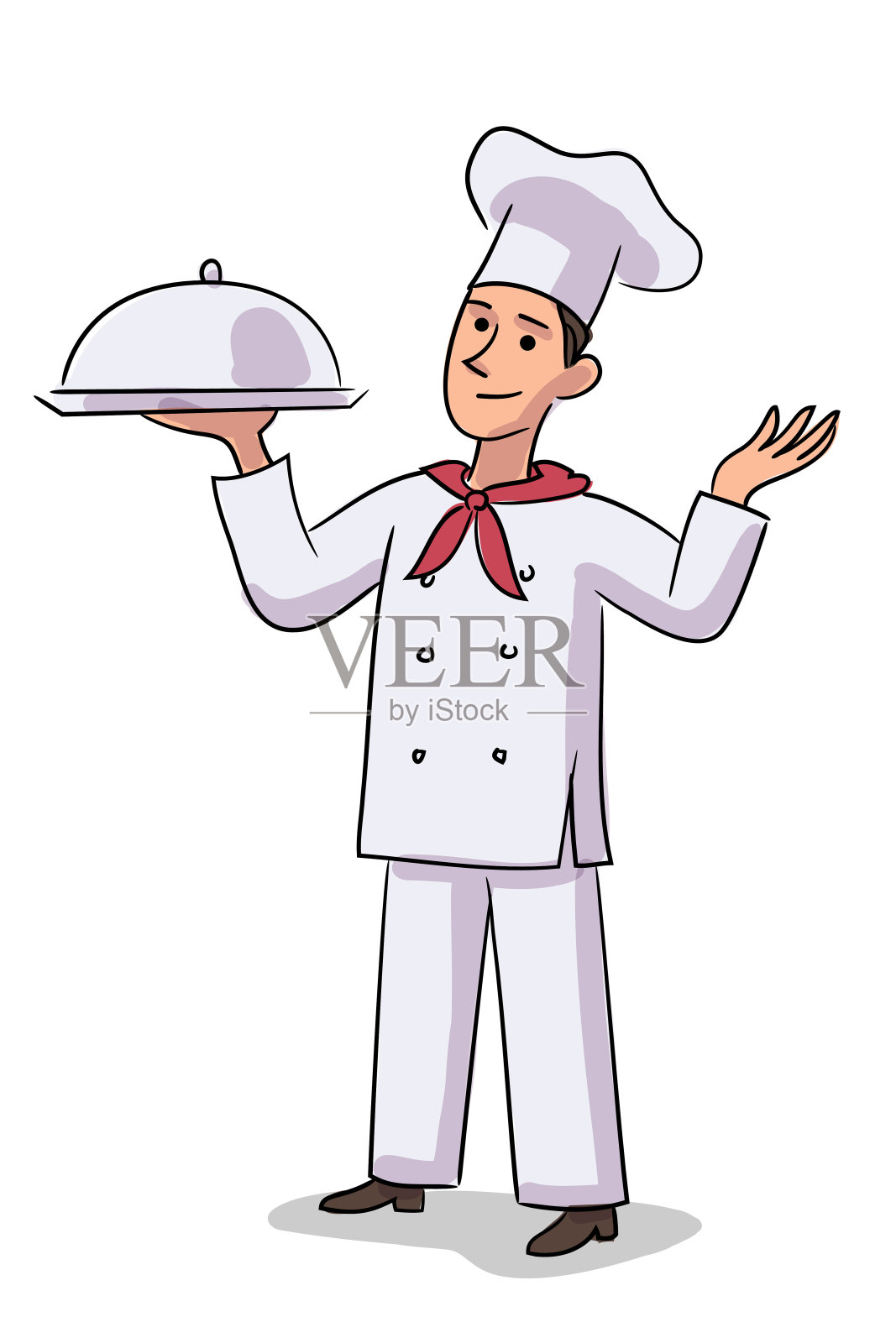 身穿白色制服的厨师将准备好的菜肴放在托盘上插画图片素材
