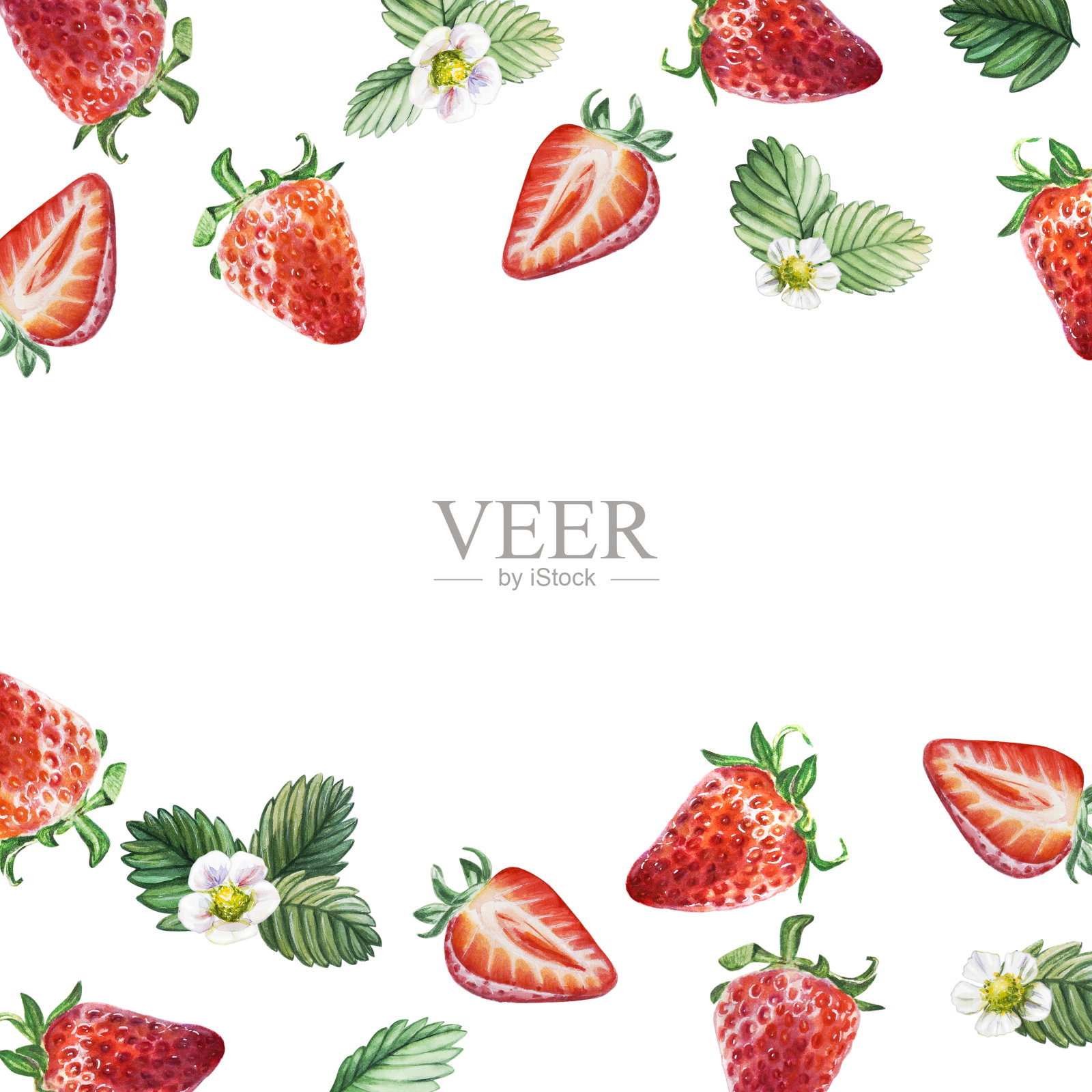 框架模板红色水彩多汁草莓与半浆果。手绘食物插图。水果打印。插画图片素材
