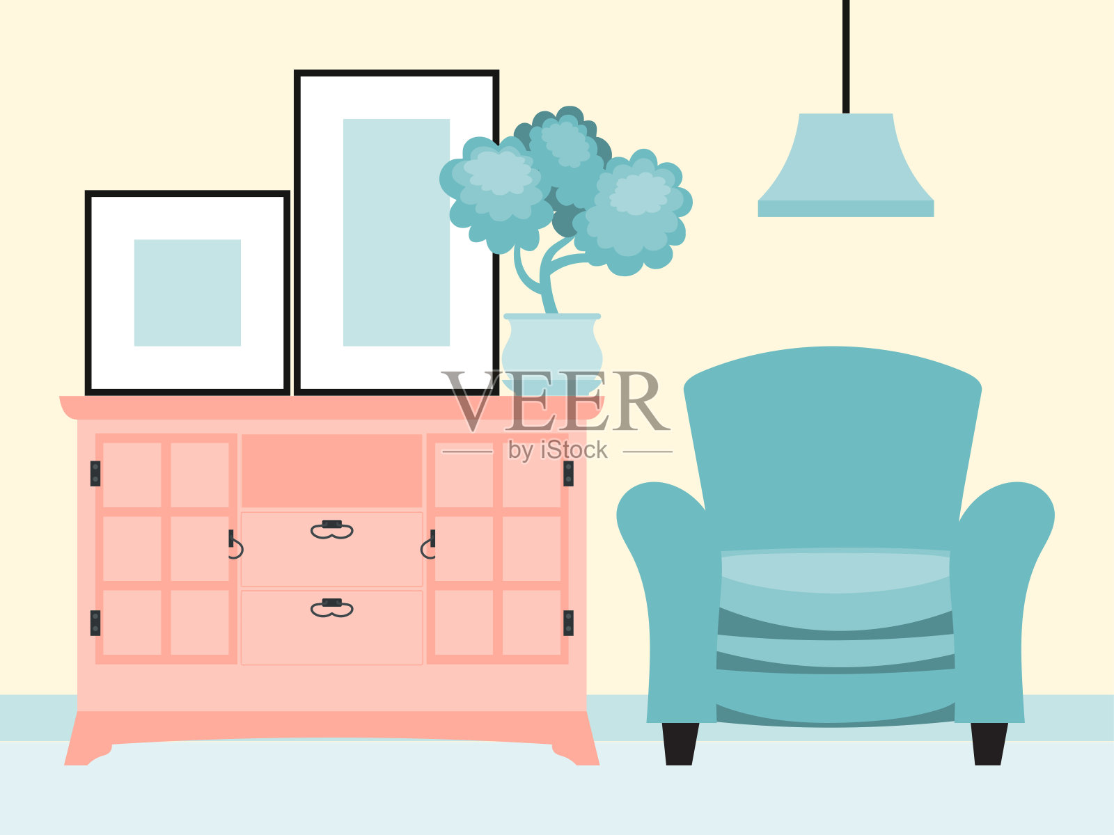 设计家居室内装饰，软扶手椅立室衣柜平面矢量插画。家花盆里的叶子。插画图片素材