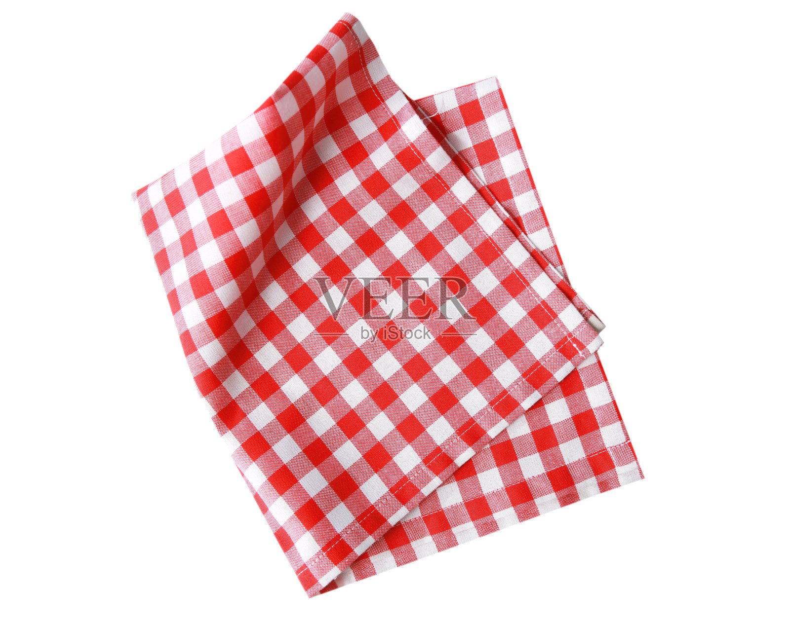 红色格子折叠布孤立，厨房野餐毛巾俯视图。照片摄影图片